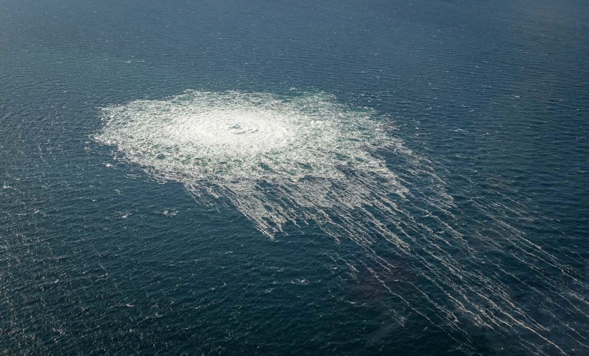 Gas bubbles from the Nord Stream 2 leak reaching surface of the Baltic Sea in the area shows disturbance of well over one kilometre diameter near Bornholm, Denmark, September 27, 2022. Danish Defence Command/Handout via REUTERS THIS IMAGE HAS BEEN SUPPLIED BY A THIRD PARTY.