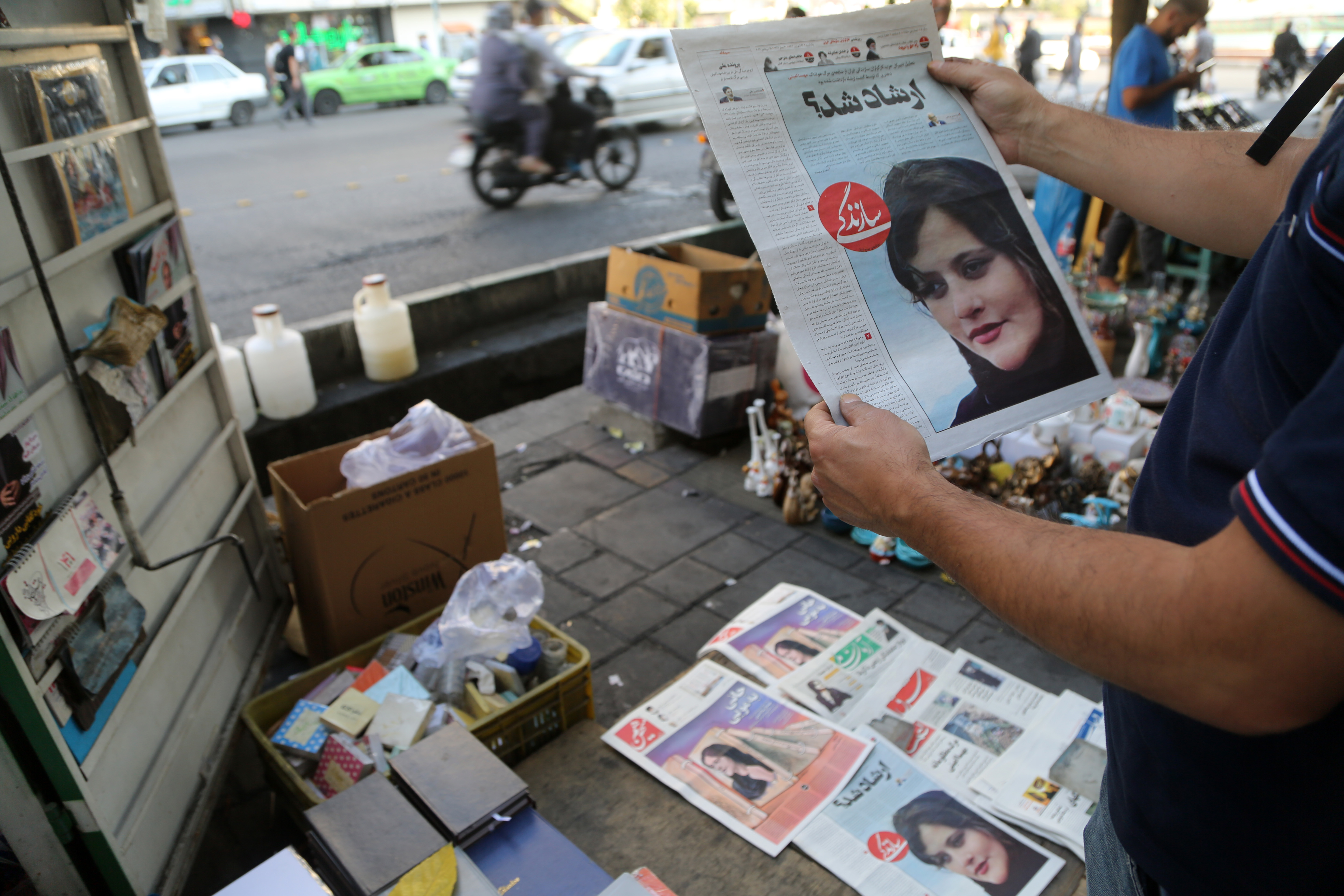 A view of Iranian newspapers with headlines of the death of 22 years old Mahsa Amini.