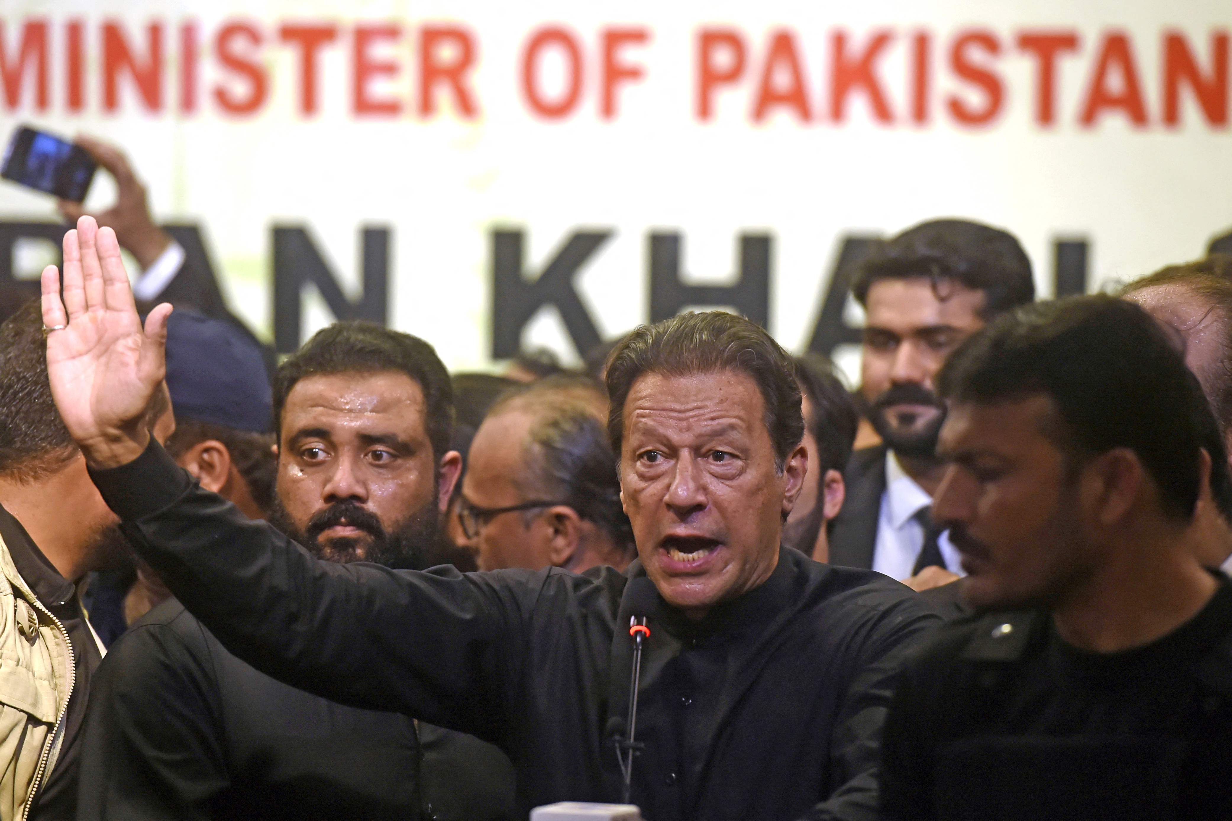 Pakistan's former Prime Minister Imran Khan speaks at an event of Karachi Bar Association in Karachi