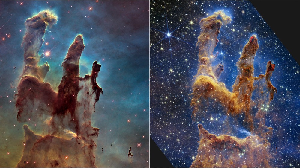 These handout photos provided by NASA on October 19, 2022 shows the Pillars of Creation that are set off in a kaleidoscope of color in NASA’s James Webb Space
