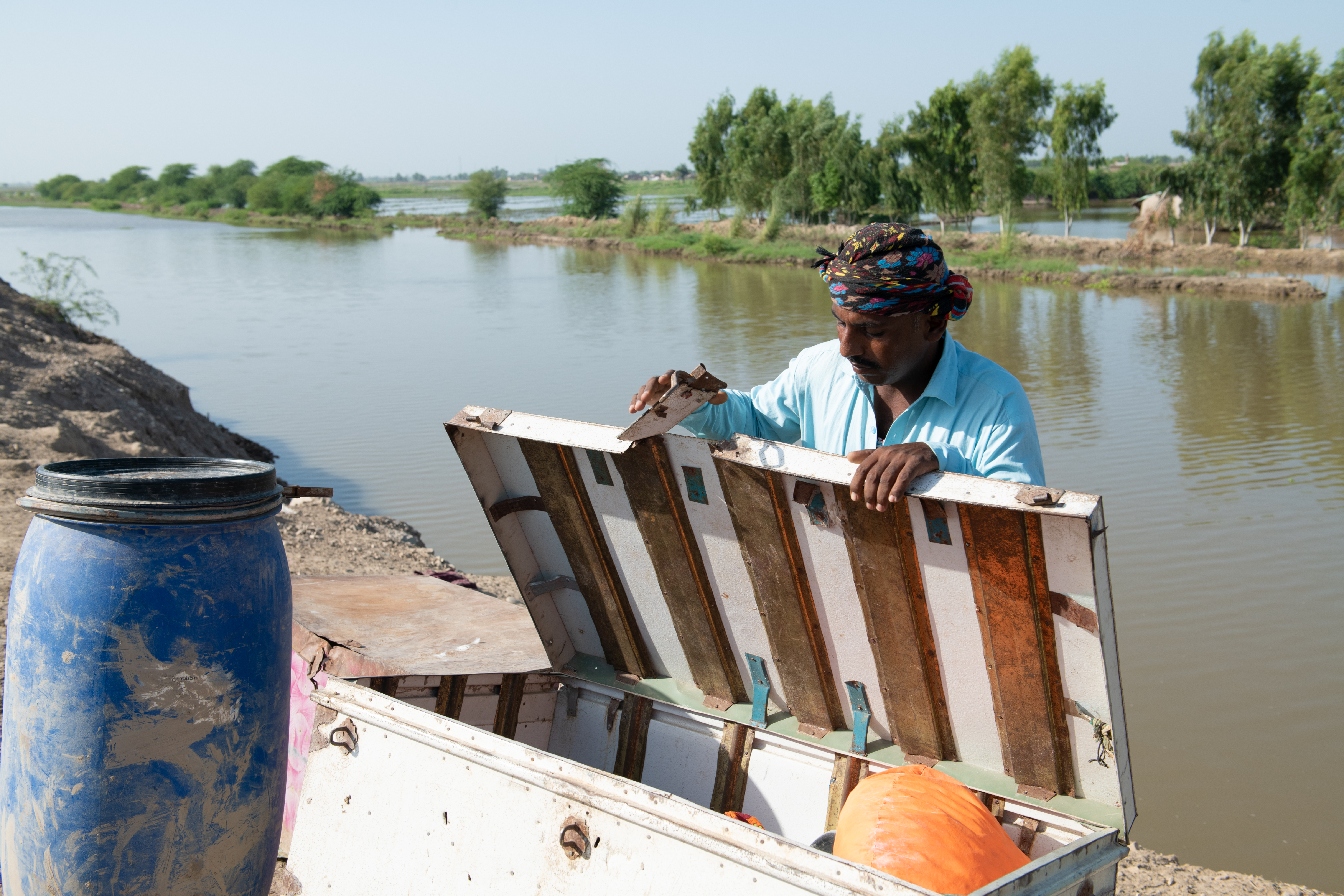 All that remains of Pir Bhakkar community leader Abdul Wahid’s belongings are stored in this trunk. “We have seen some tough times, but this is unprecedented. Who knows what the next floods will bring?”