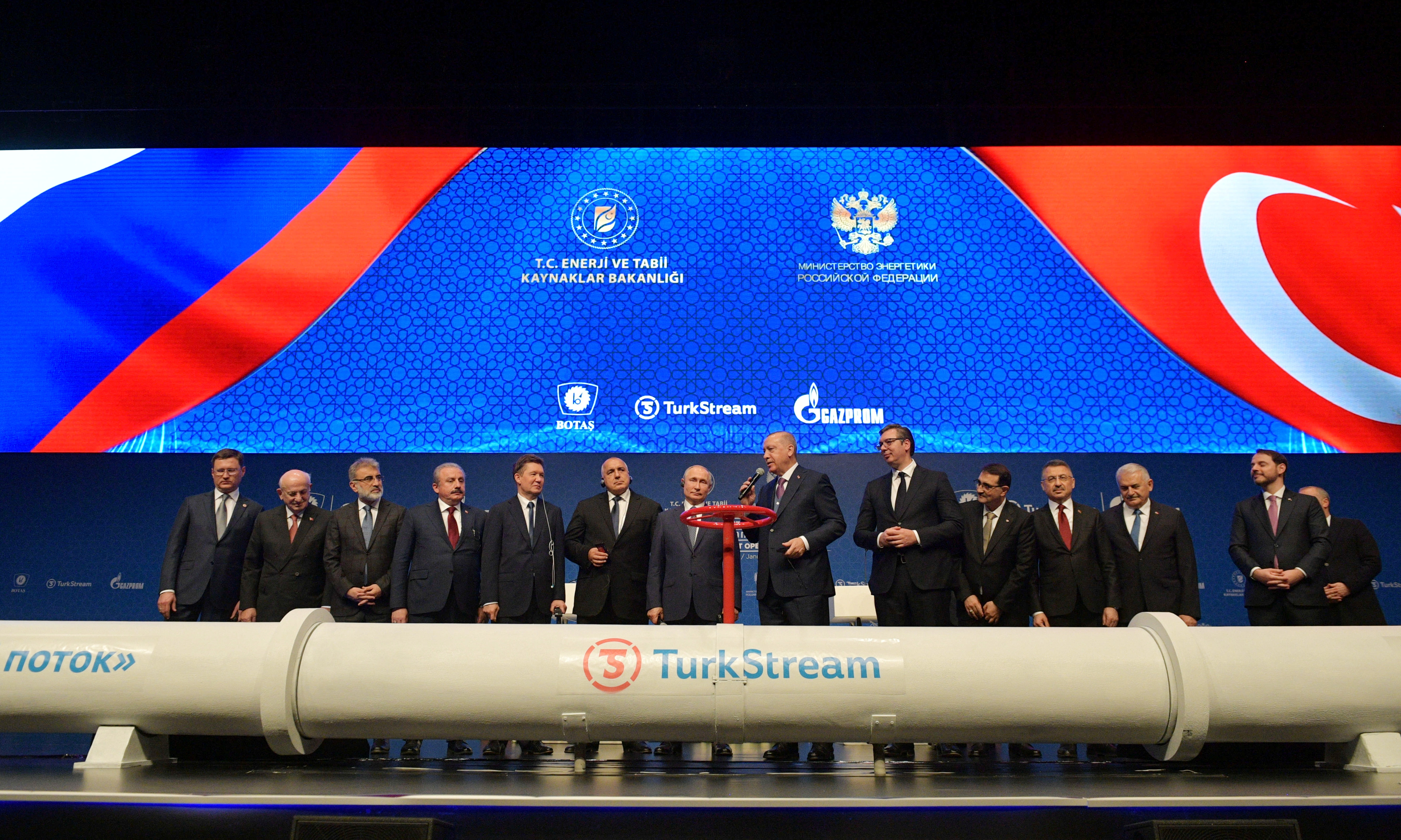 Russian President Vladimir Putin, Turkish President Tayyip Erdogan, Bulgarian Prime Minister Boyko Borissov, Serbian President Aleksandar Vucic and officials attend a ceremony marking the formal launch of the TurkStream natural gas pipeline, in Istanbul, Turkey January 8, 2020. Sputnik/Alexei Druzhinin/Kremlin via REUTERS ATTENTION EDITORS - THIS IMAGE WAS PROVIDED BY A THIRD PARTY.