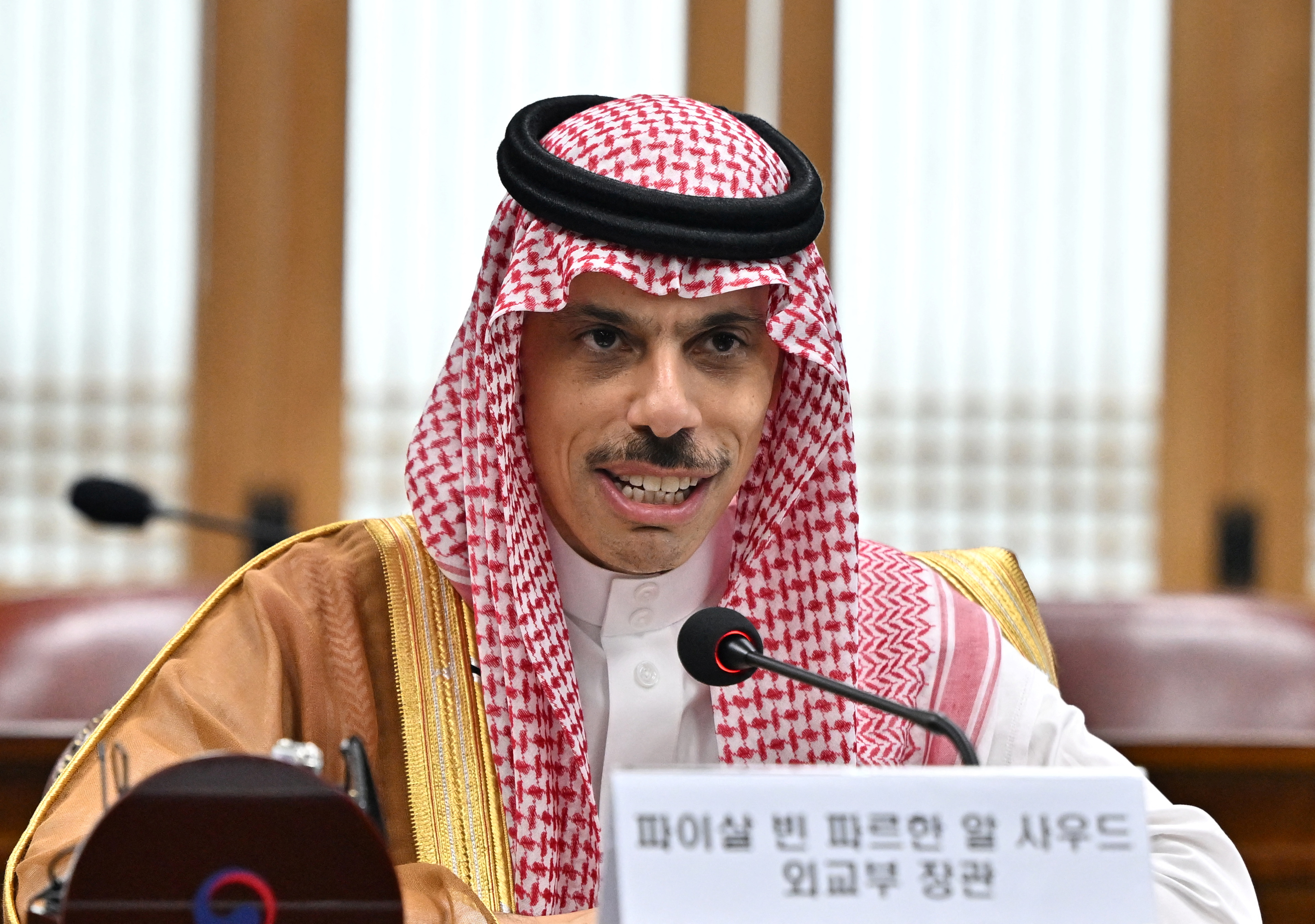 Saudi Foreign Minister Prince Faisal bin Farhan speaks during a meeting with South Korean Foreign Minister Park Jin at the Foreign Ministry in Seoul,