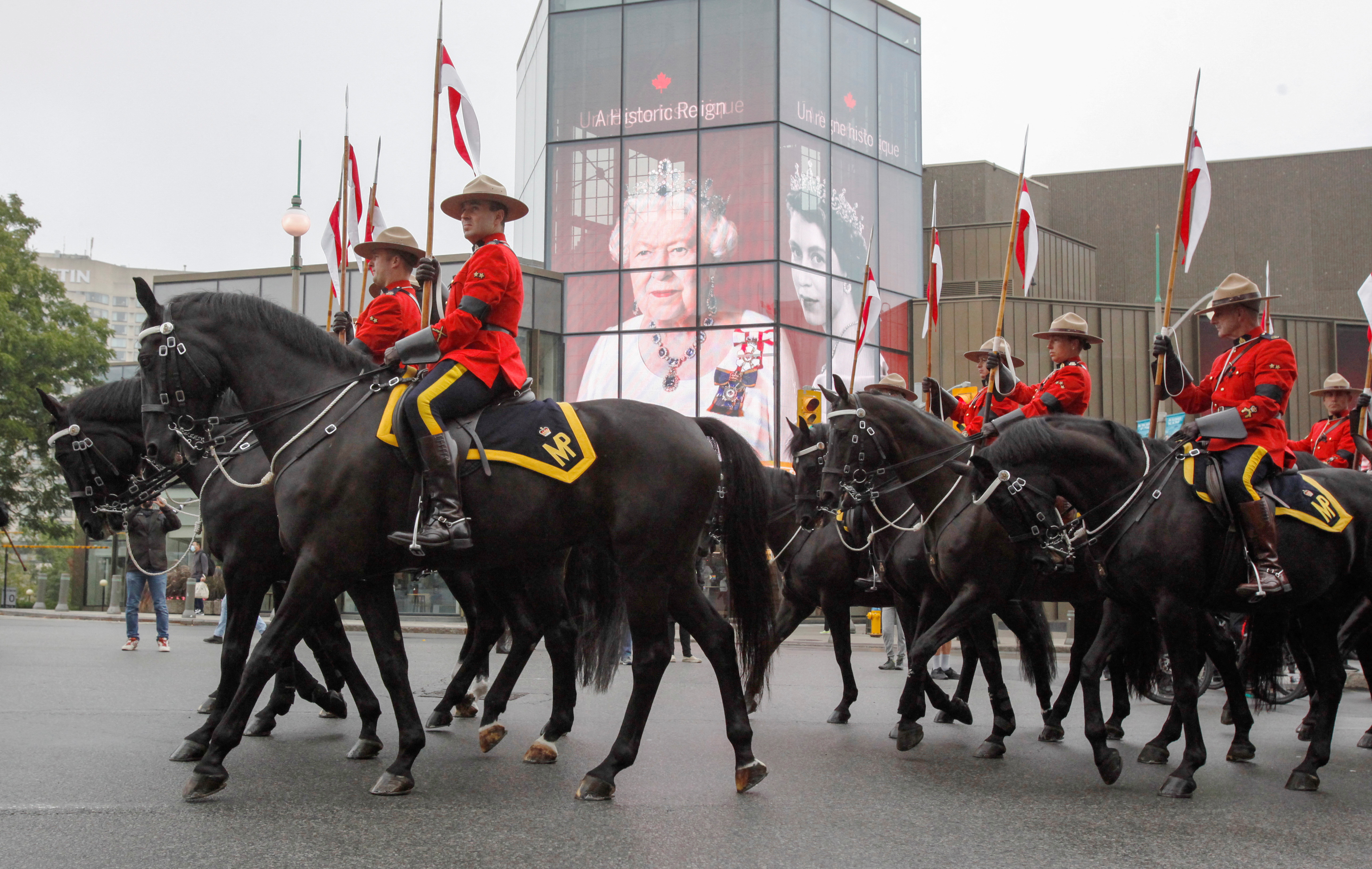 RCMP officers on horseback during a ceremony in Ottawa after the death of Queen Elizabeth II