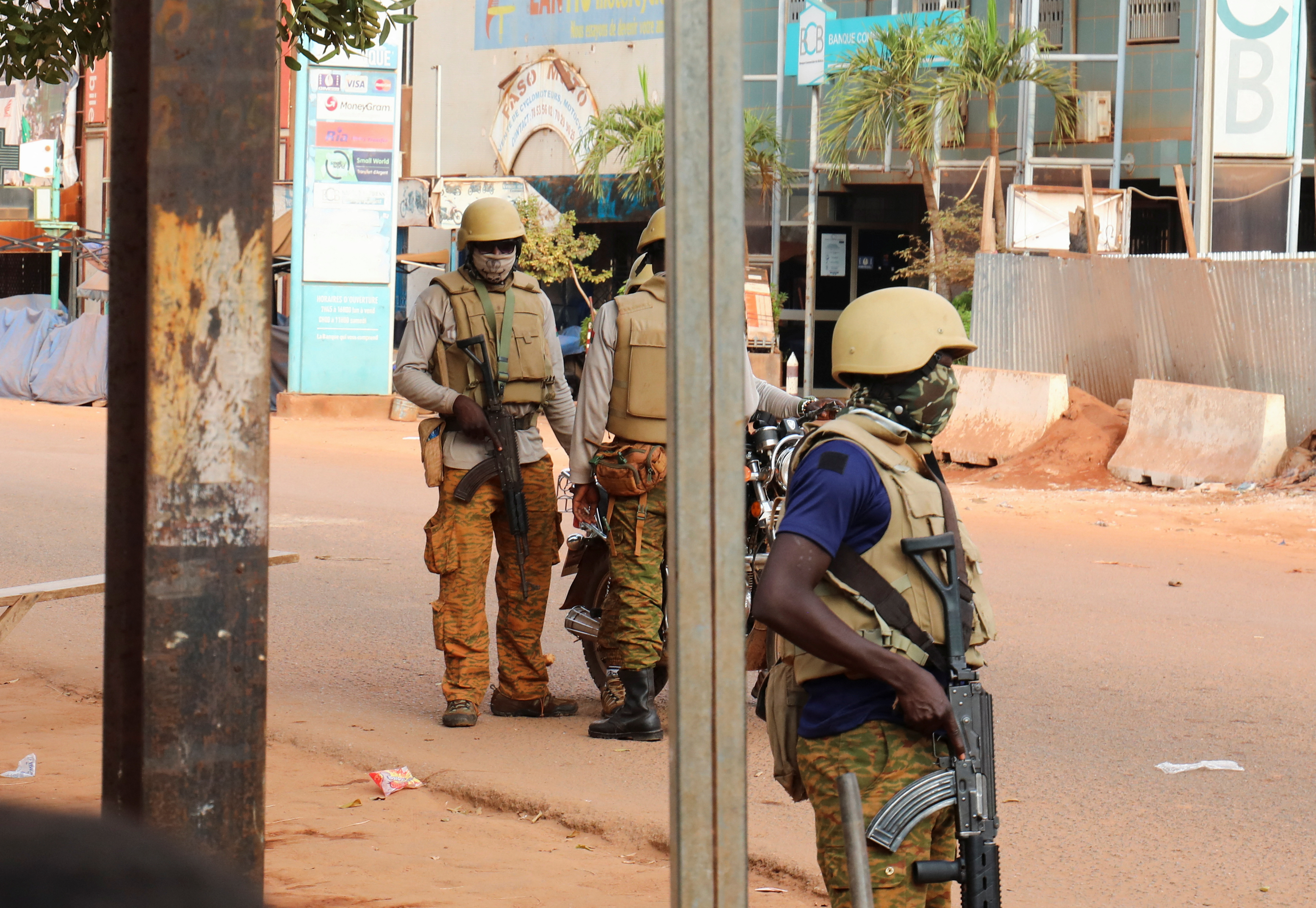 New junta's soldiers stand guard in a street of Ouagadougou, Burkina Faso