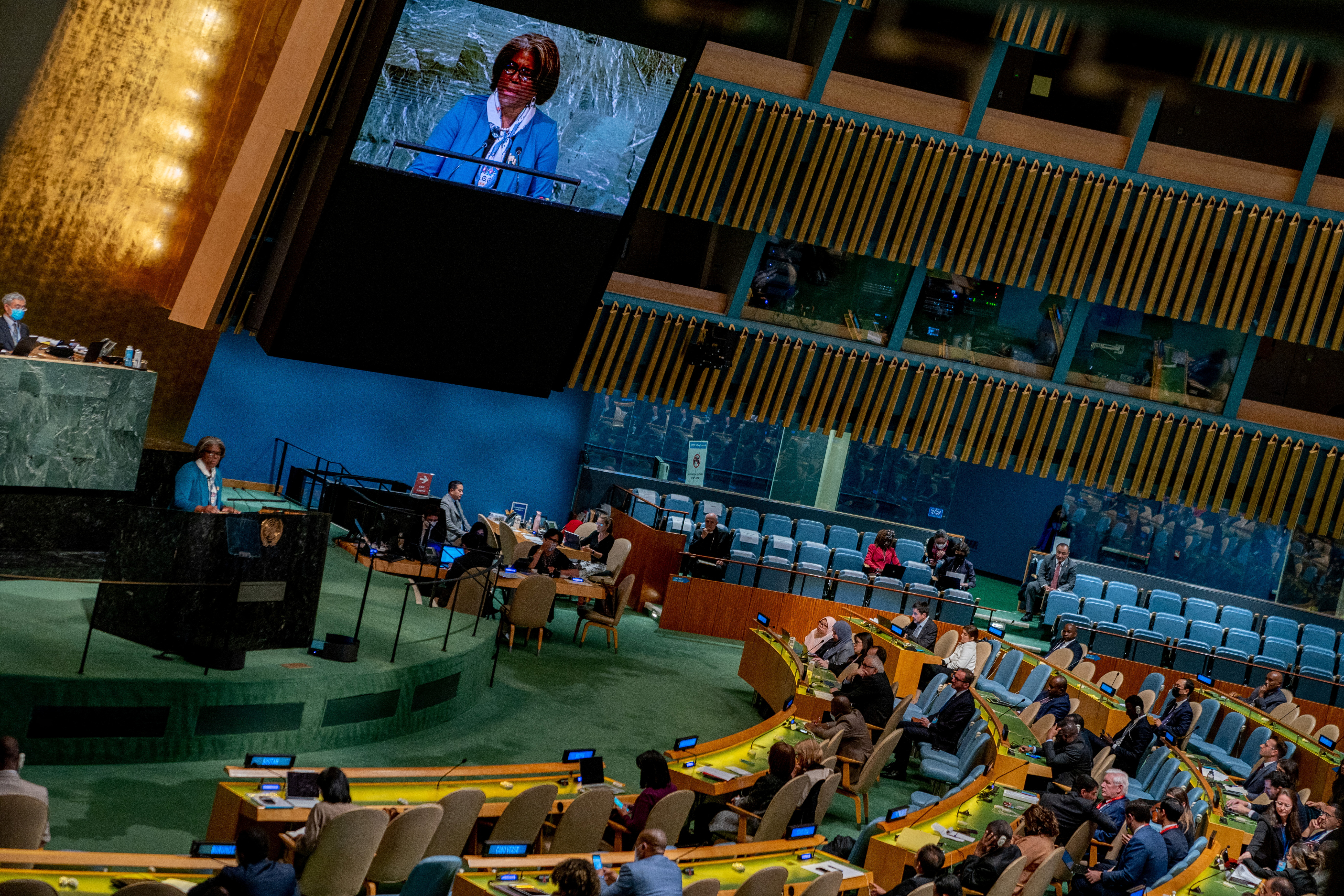 U.S. Ambassador to the U.N. Linda Thomas-Greenfield addresses the general assembly prior to a vote on a resolution condemning the annexation of parts of Ukraine by Russia, amid Russia's invasion of Ukraine, at the United Nations Headquarters in New York City, New York, U.S., October 12, 2022. REUTERS/David 'Dee' Delgado