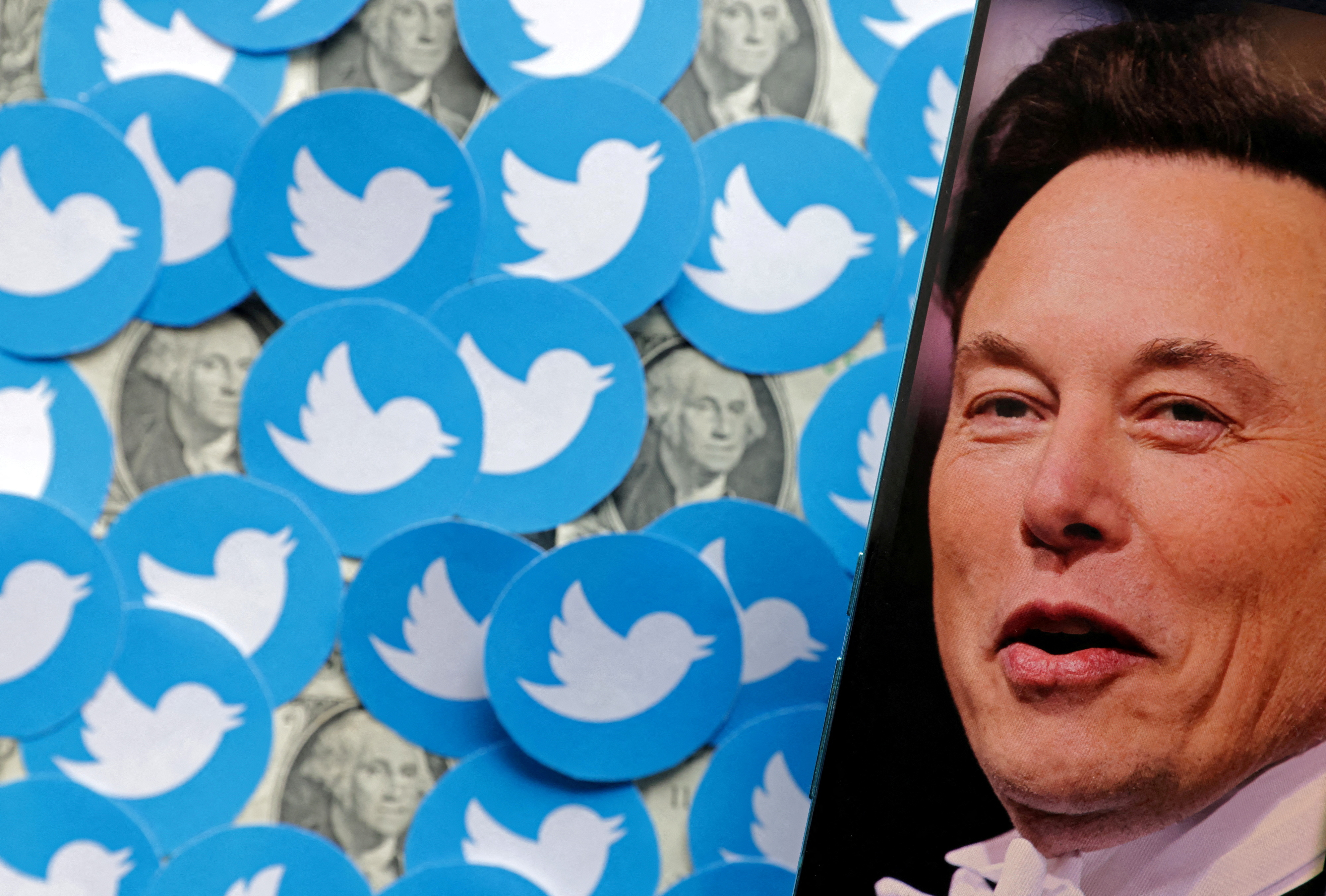 Collage of an Elon Musk photo, Twitter logos and US dollar banknotes are seen in this illustration.