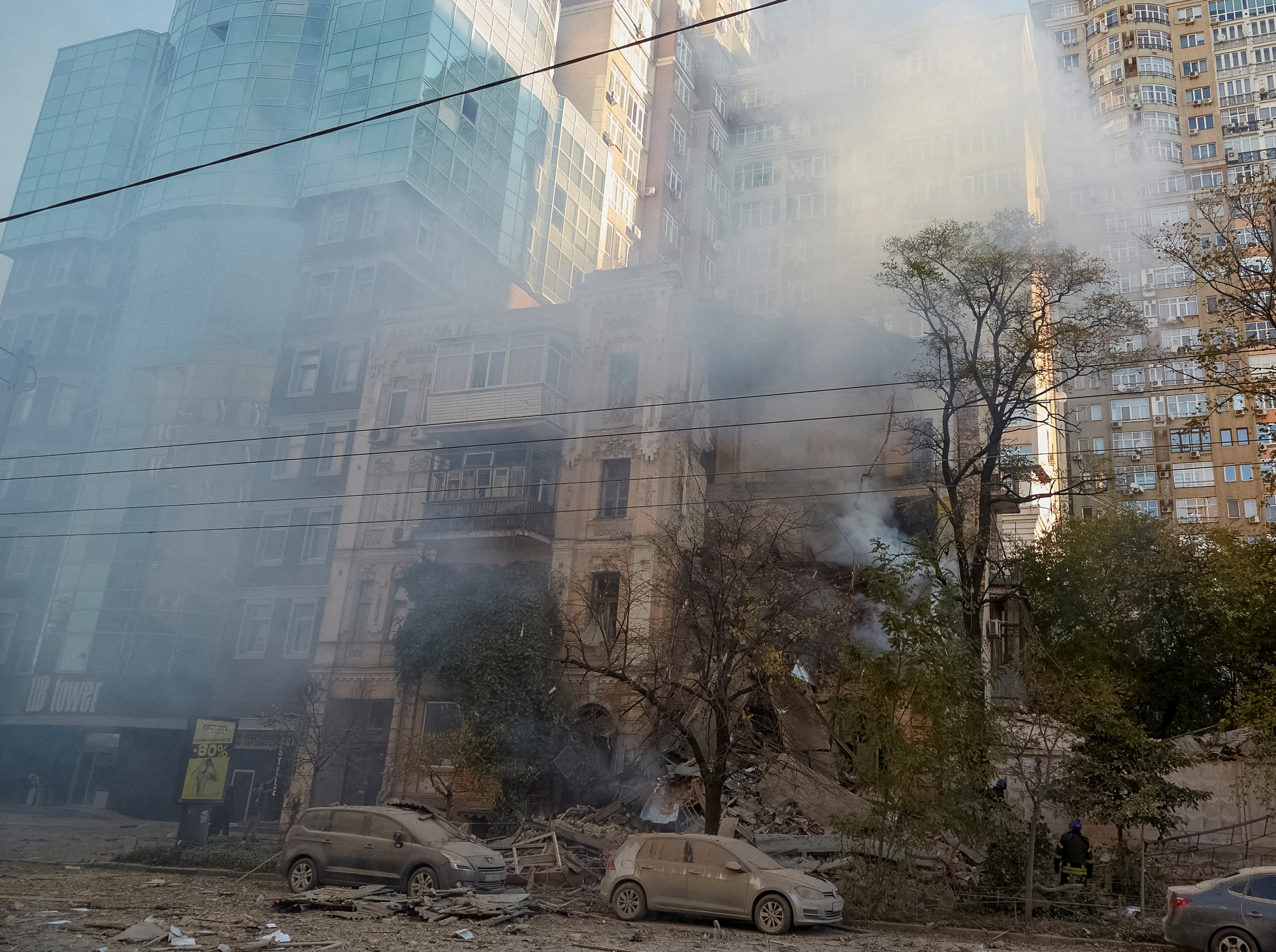 FILE PHOTO: A view shows a residential building destroyed by a Russian drone strike, which local authorities consider to be Iranian-made Shahed-136 unmanned aerial vehicles (UAVs), amid Russia's attack on Ukraine, in Kyiv, Ukraine October 17