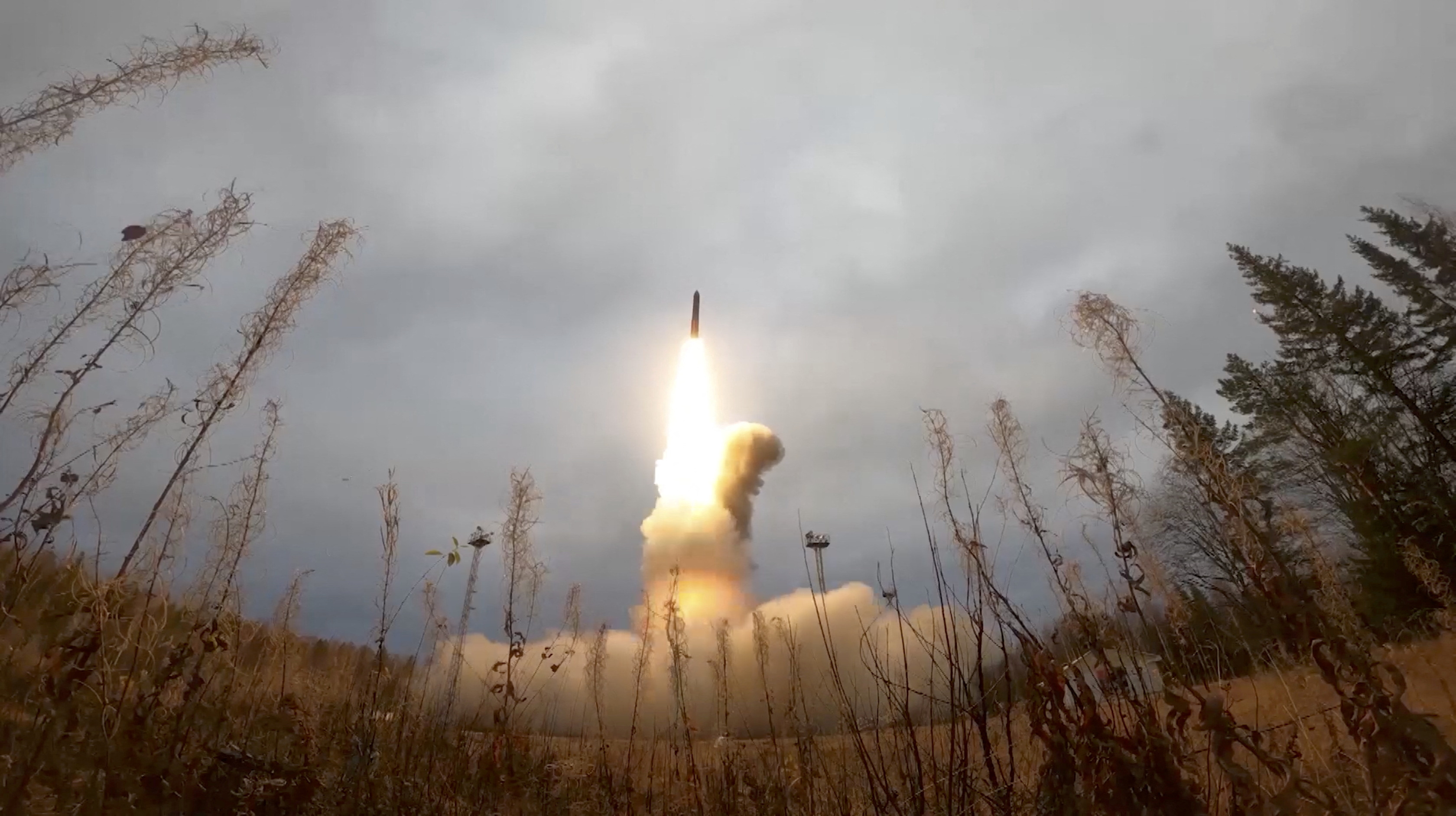 A still image from video, released by the Russian Defence Ministry, shows what it said to be Russia's Yars intercontinental ballistic missile launched during exercises held by the country's strategic nuclear forces at the Plesetsk Cosmodrome, Russia, in this image taken from handout footage released October 26, 2022.