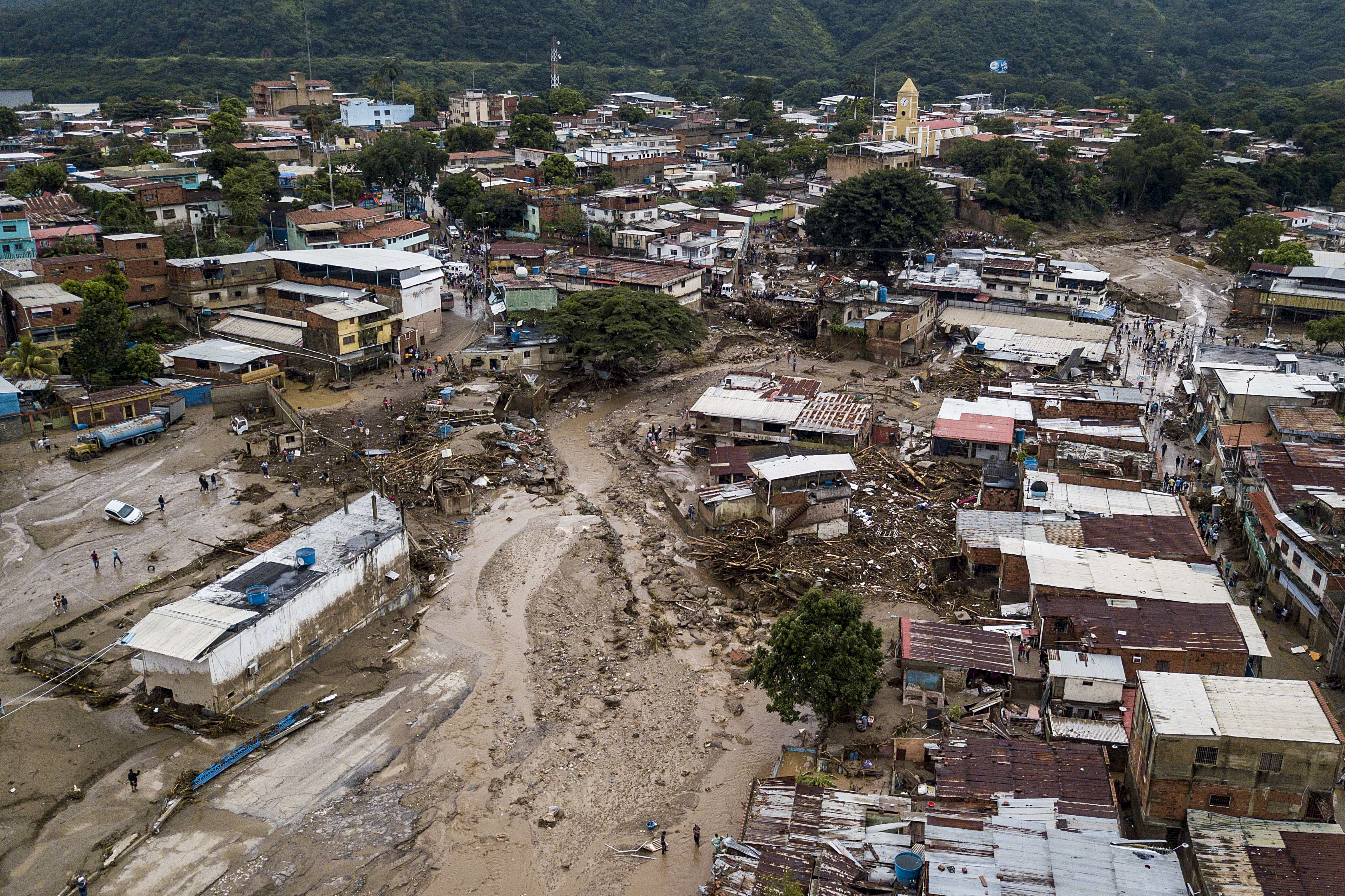 Aerial view of flooded and muddy streets in Las Tejerias, Venezuela.