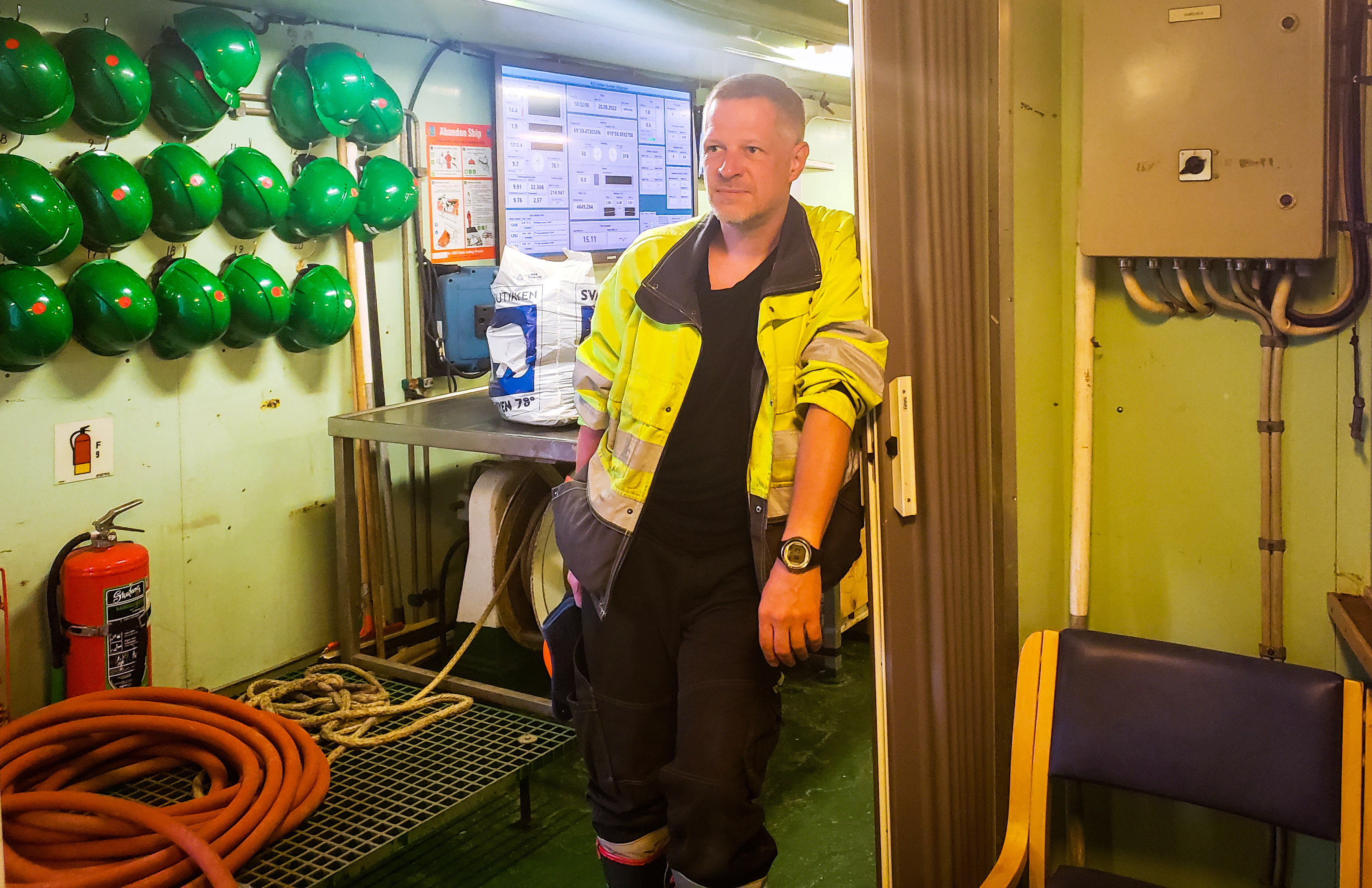Daniel Vogedes, head engineer with UiT, oversees the preparation of the Helmer Hanssen for a research expedition from Tromso to Svalbard in August