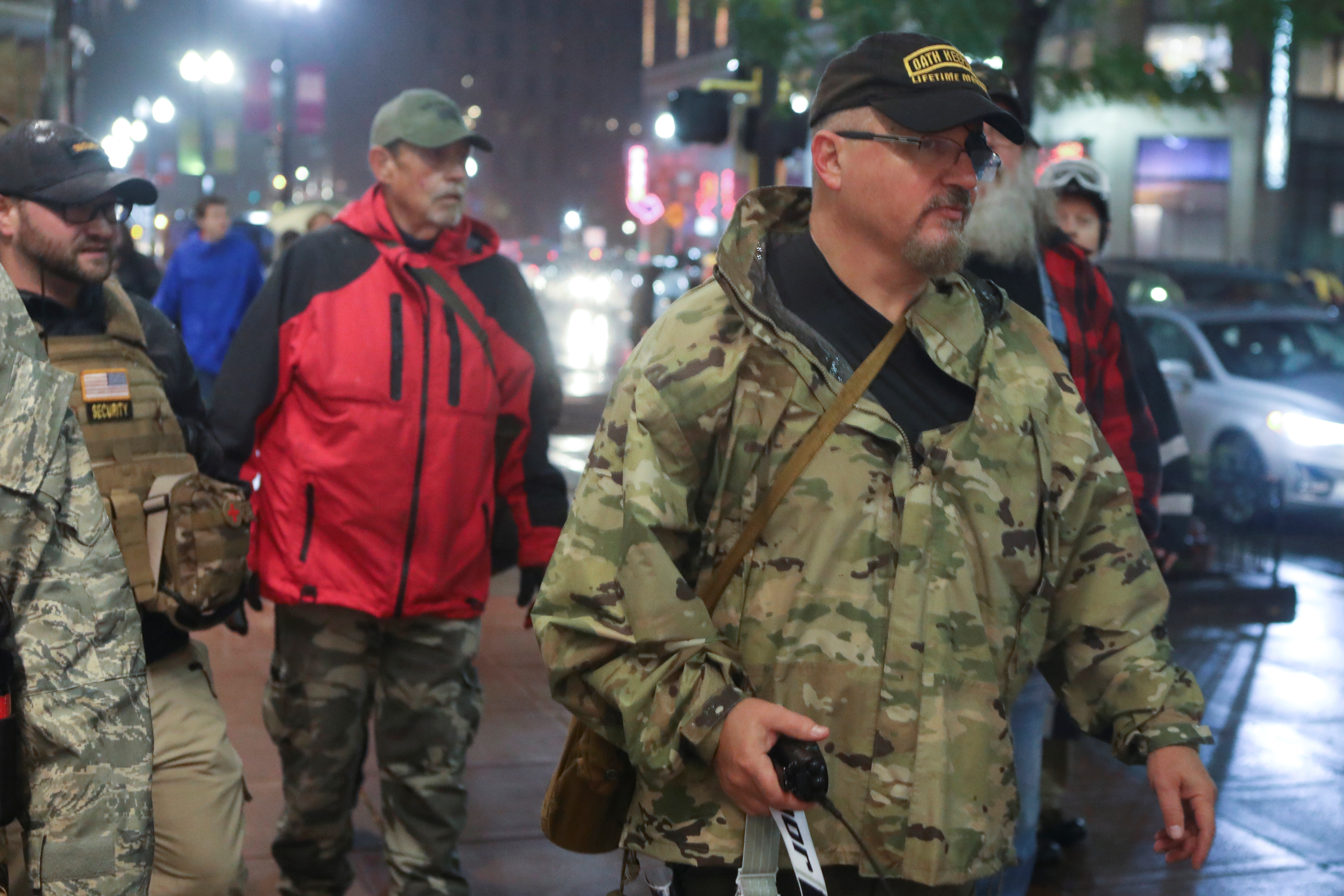 Stewart Rhodes leaves a Trump rally in Minneapolis, Minnesota.
