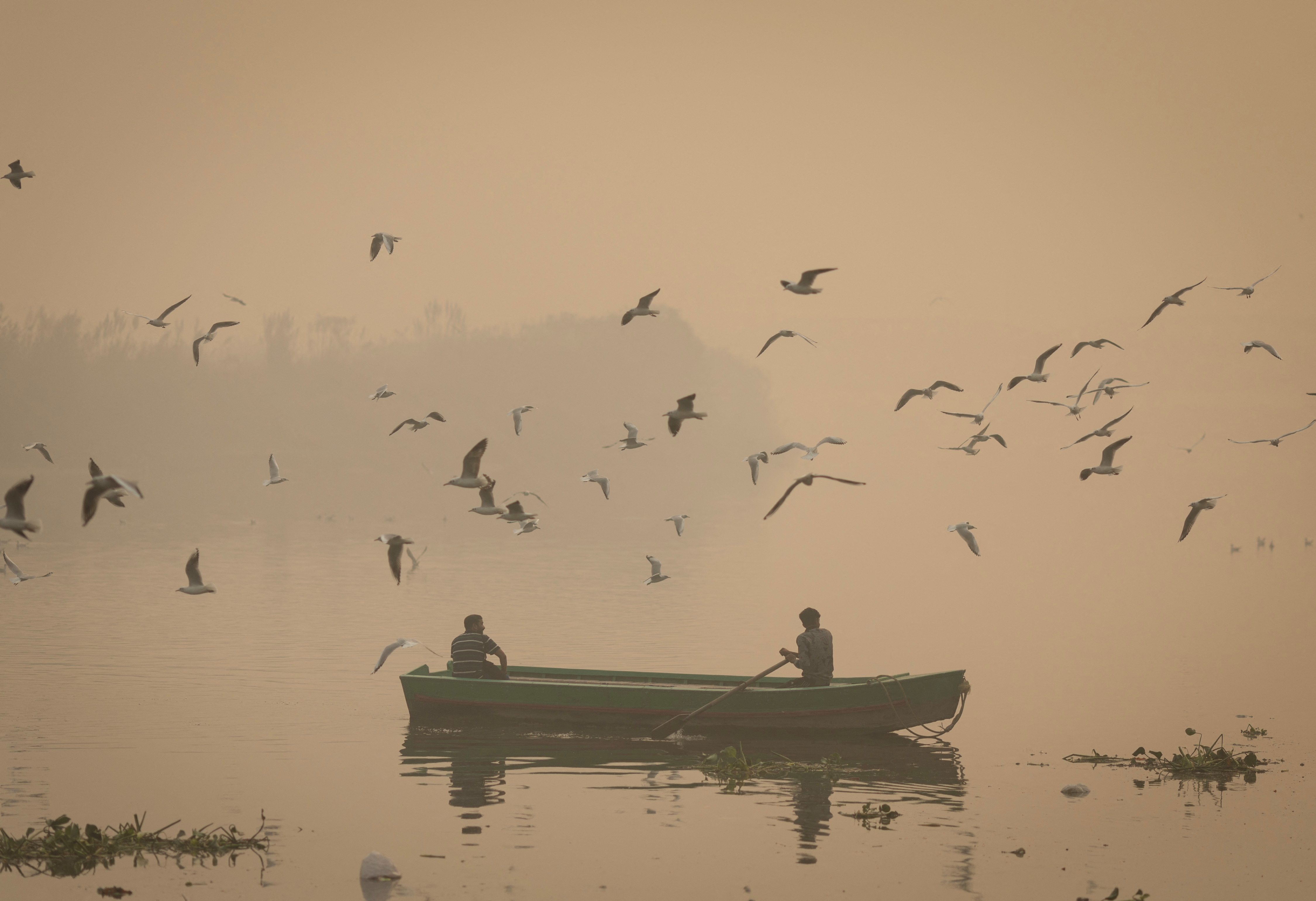 A man rows his boat in the Yamuna river amidst heavy smog in the old quarters of Delhi, India November 4, 2022