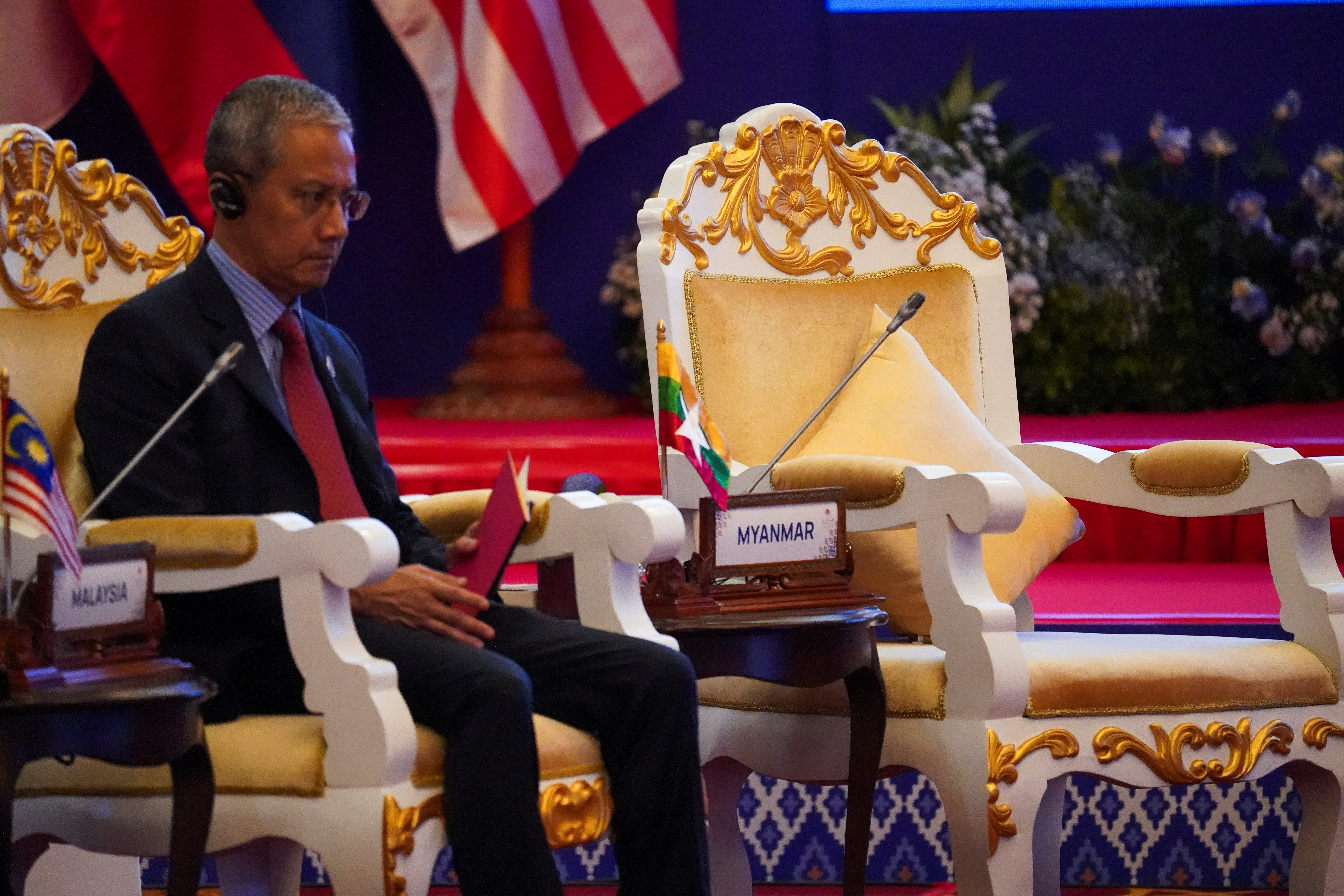 An empty chair for Myanmar delegation is pictured at a meeting with representatives of ASEAN Inter-Parliamentary Assembly (AIPA) during the ASEAN Summit in Phnom Penh, Cambodia on November 10, 2022 [Cindy Liu/Reuters]
