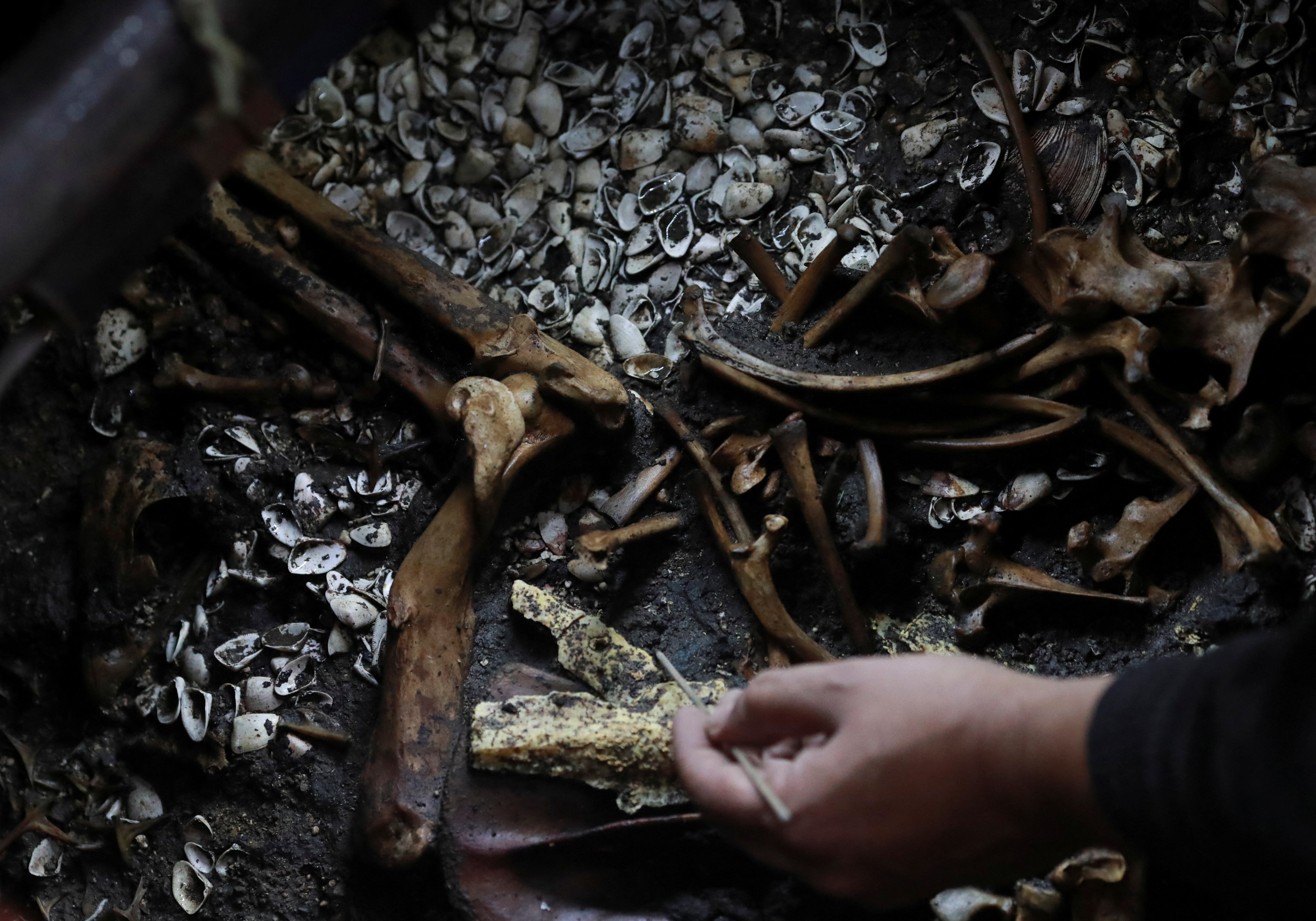 An archeologist excavates a ritual Aztec offering, in Mexico City