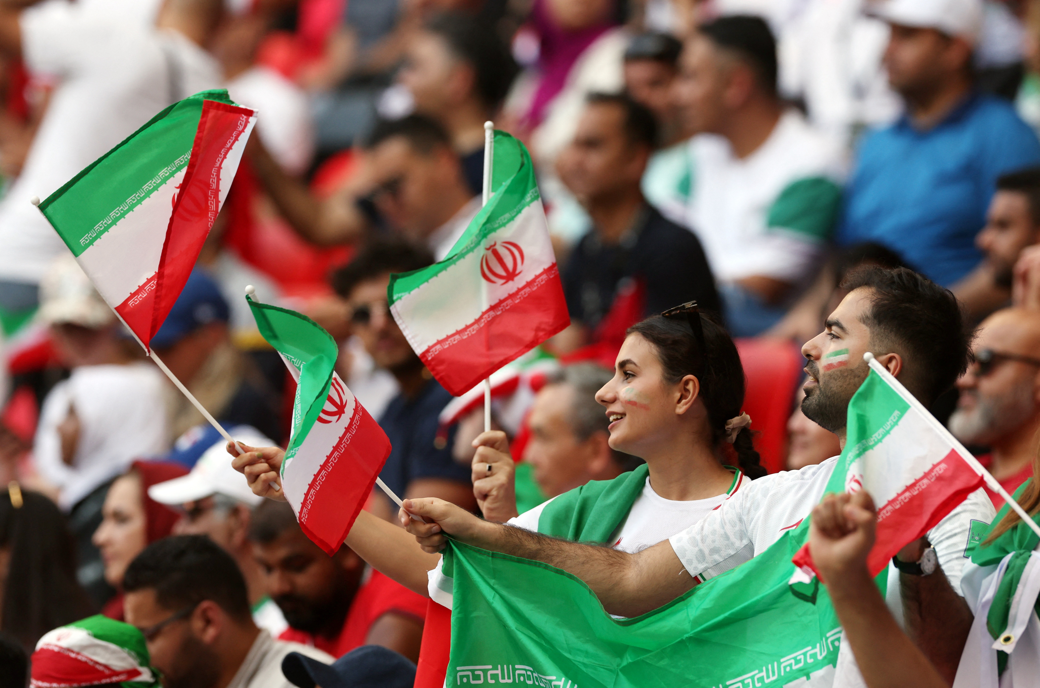 Iranian fans at the Iran vs Wales match of the FIFA World Cup in Doha, Qatar.