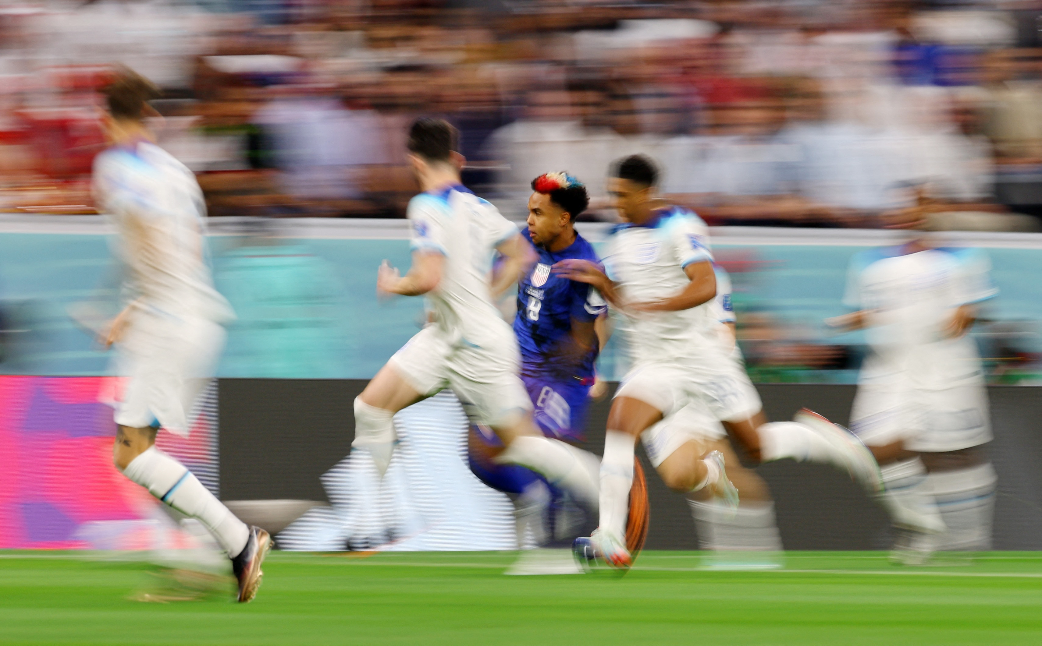 Weston McKennie of the U.S. in action with England's Jude