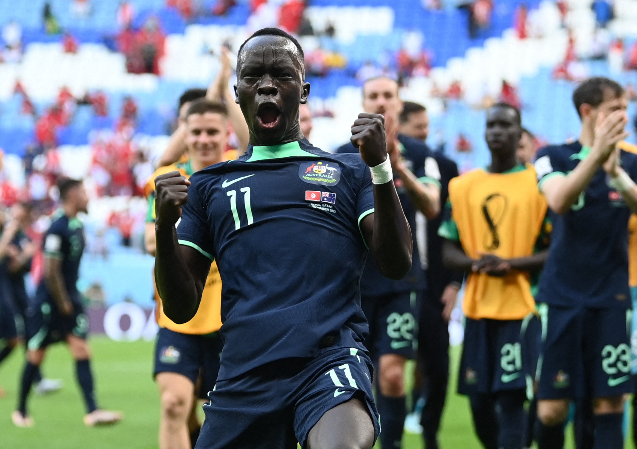 Soccer Football - FIFA World Cup Qatar 2022 - Group D - Tunisia v Australia - Al Janoub Stadium, Al Wakrah, Qatar - November 26, 2022 Australia's Awer Mabil celebrates after the match REUTERS/Annegret Hilse