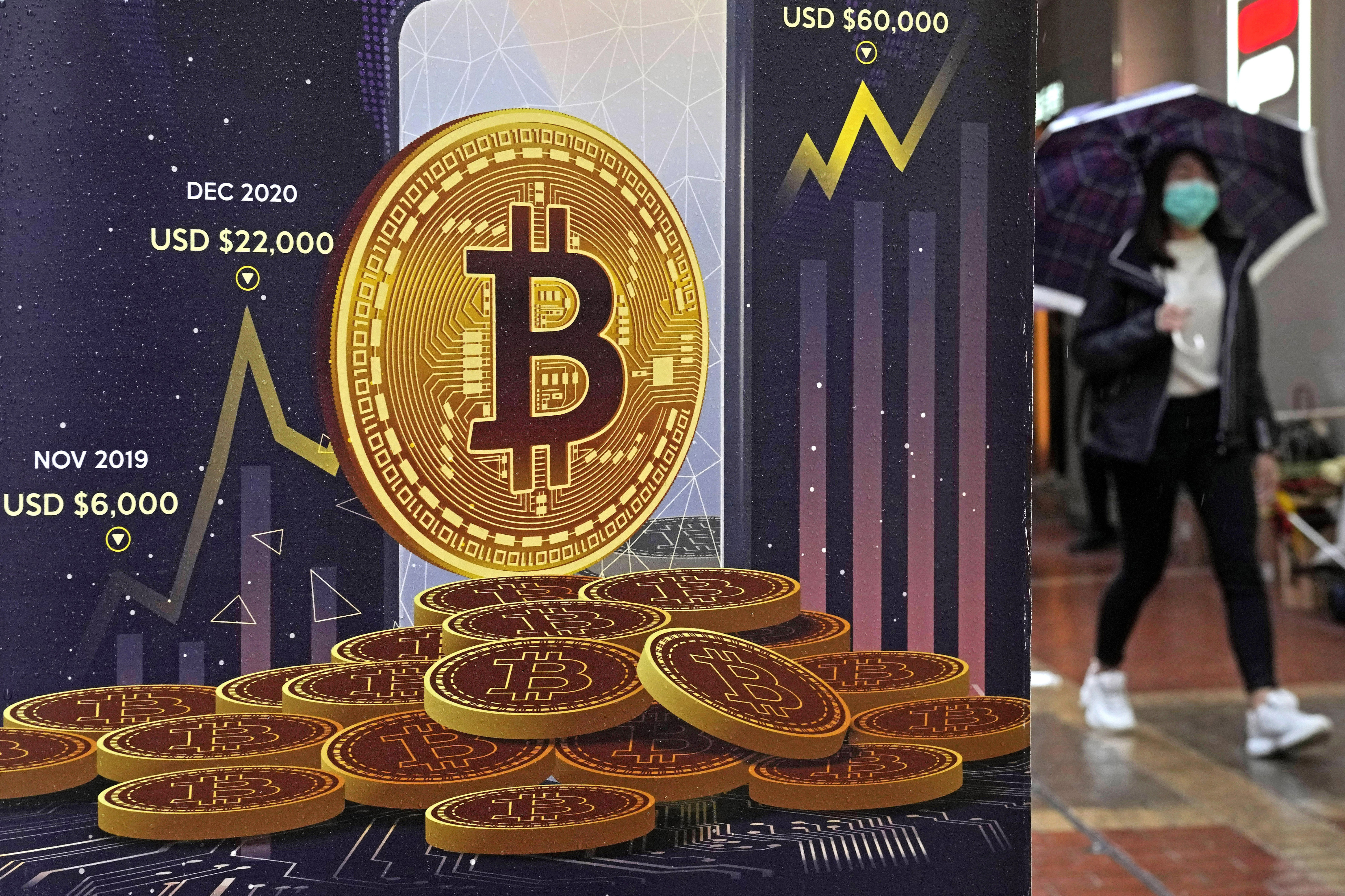 An advertisement for Bitcoin cryptocurrency is displayed on a street.