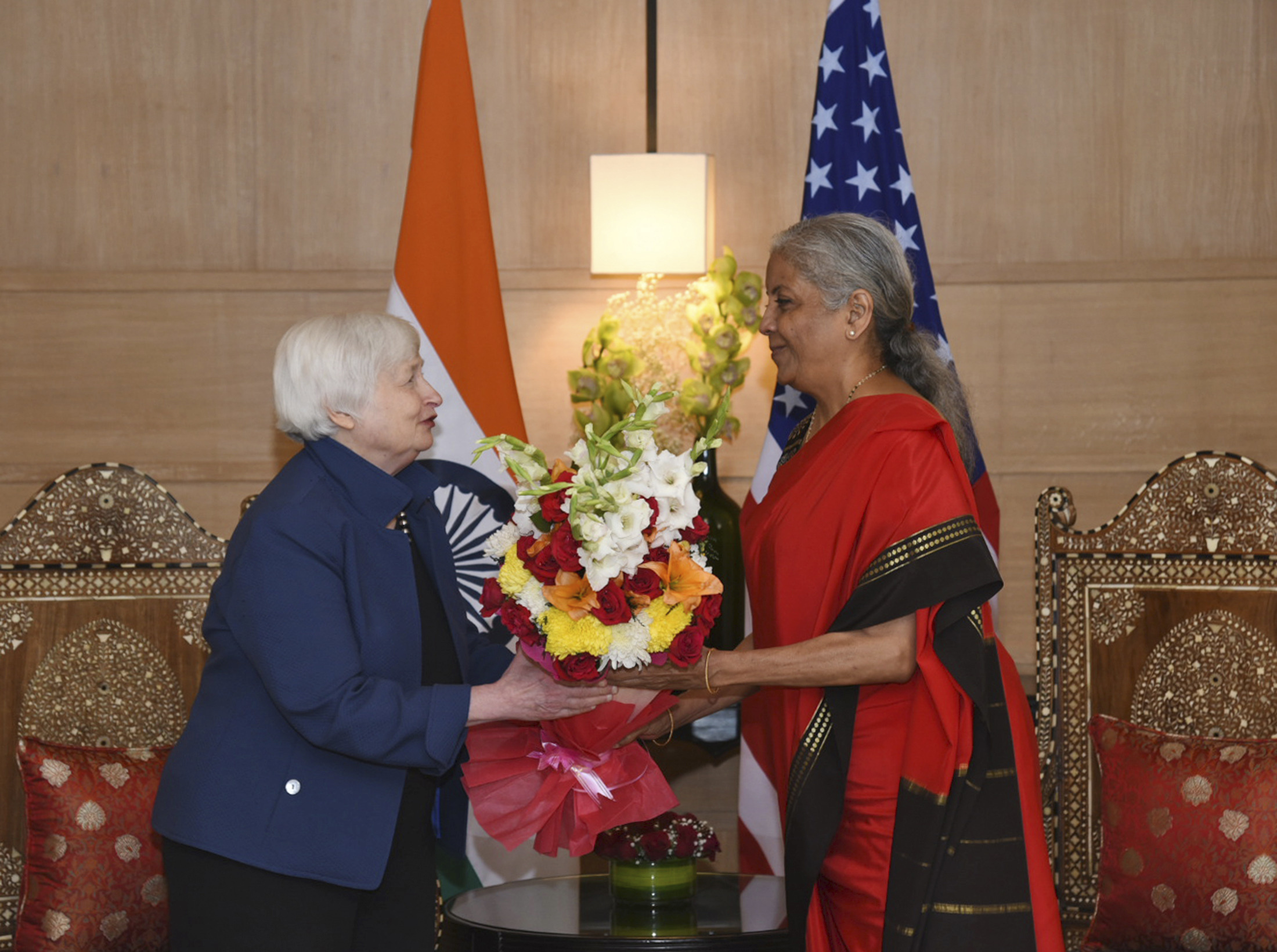 Indian Finance Minister Nirmala Sitharaman, right, welcomes U.S. Secretary of the Treasury Janet L. Yellen before their meeting in New Delhi, India