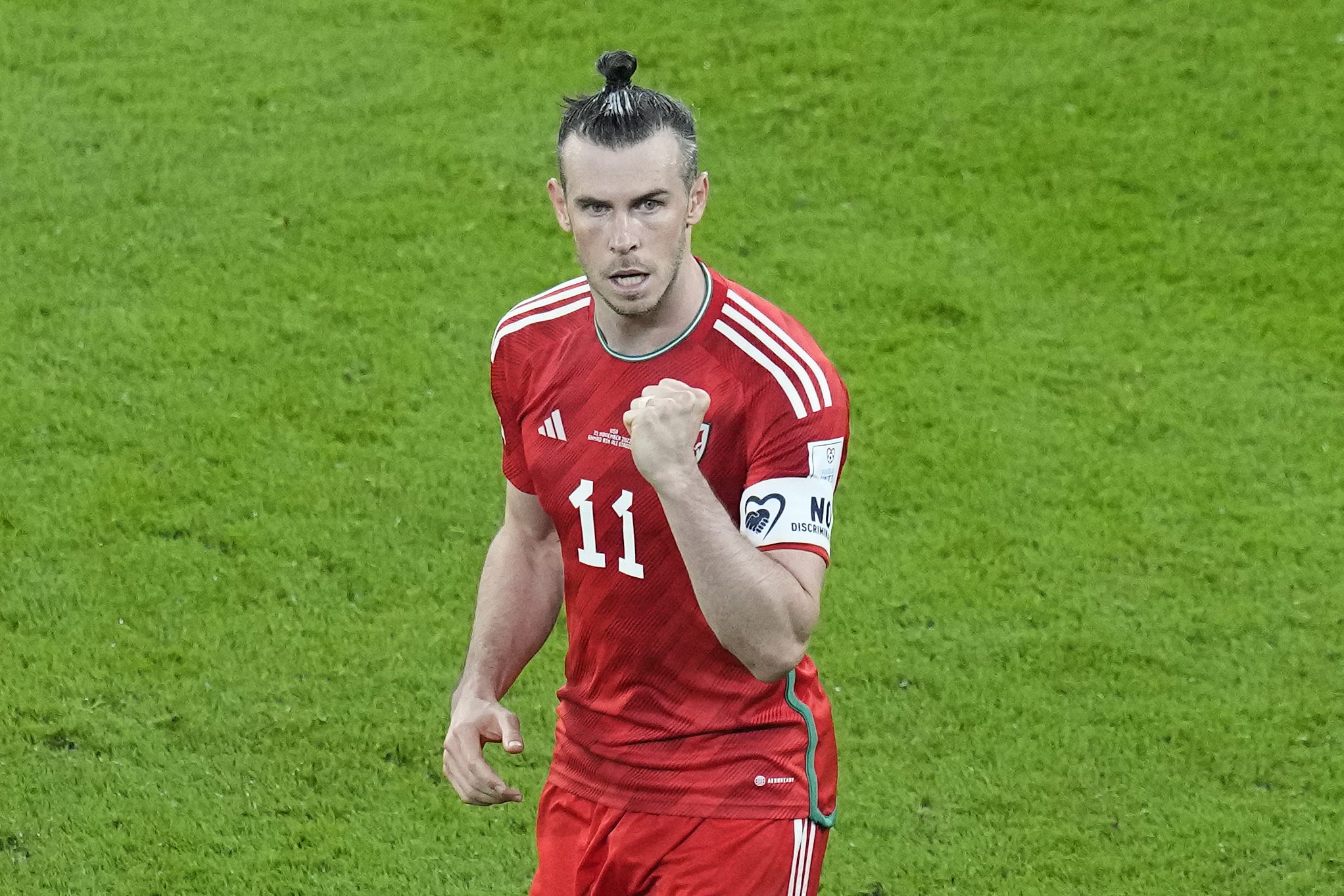 Wales's Gareth Bale celebrates after scoring his team's first goal during the World Cup, group B football match between the United States and Wales.