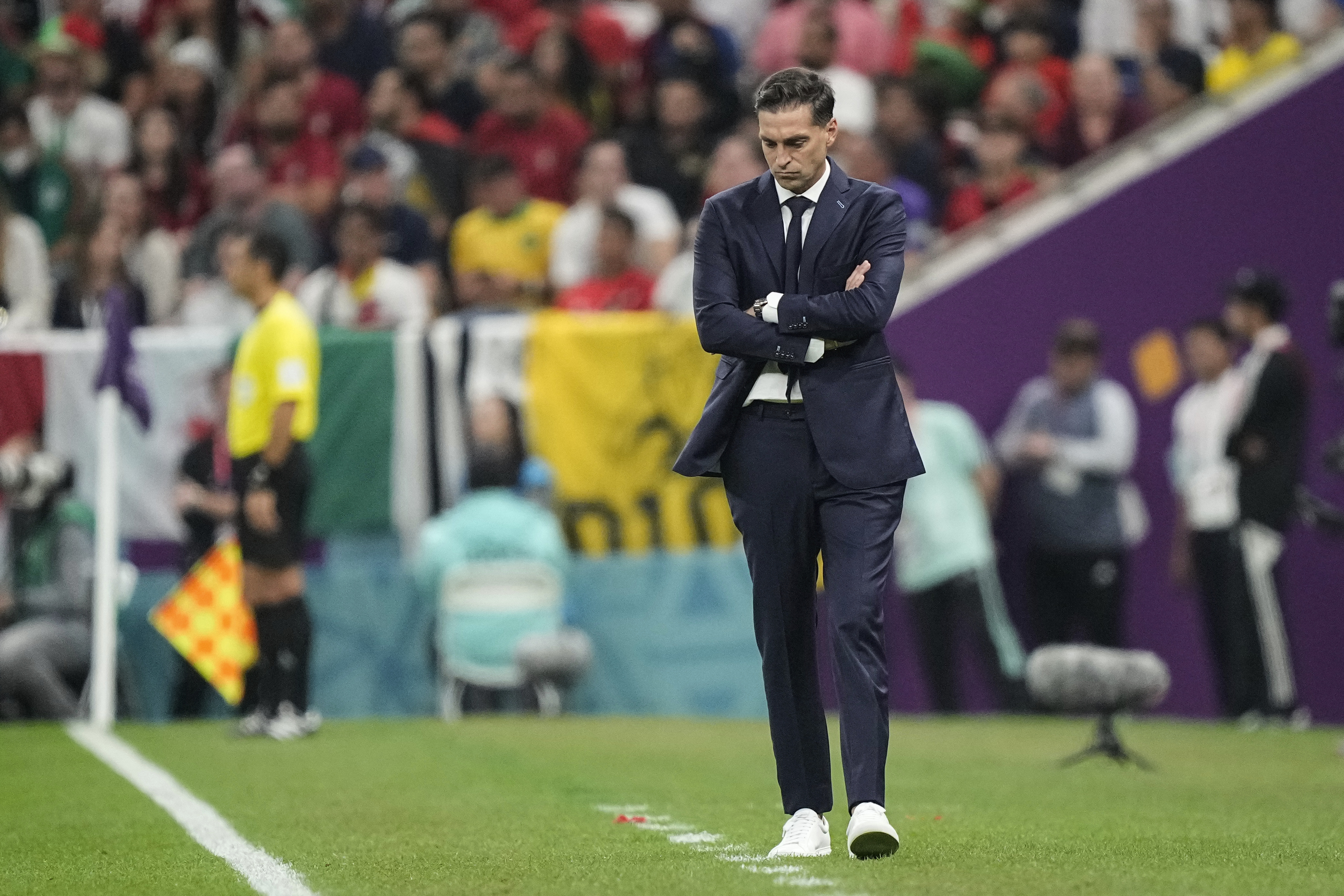 Uruguay's head coach Diego Alonso reacts on the sideline.