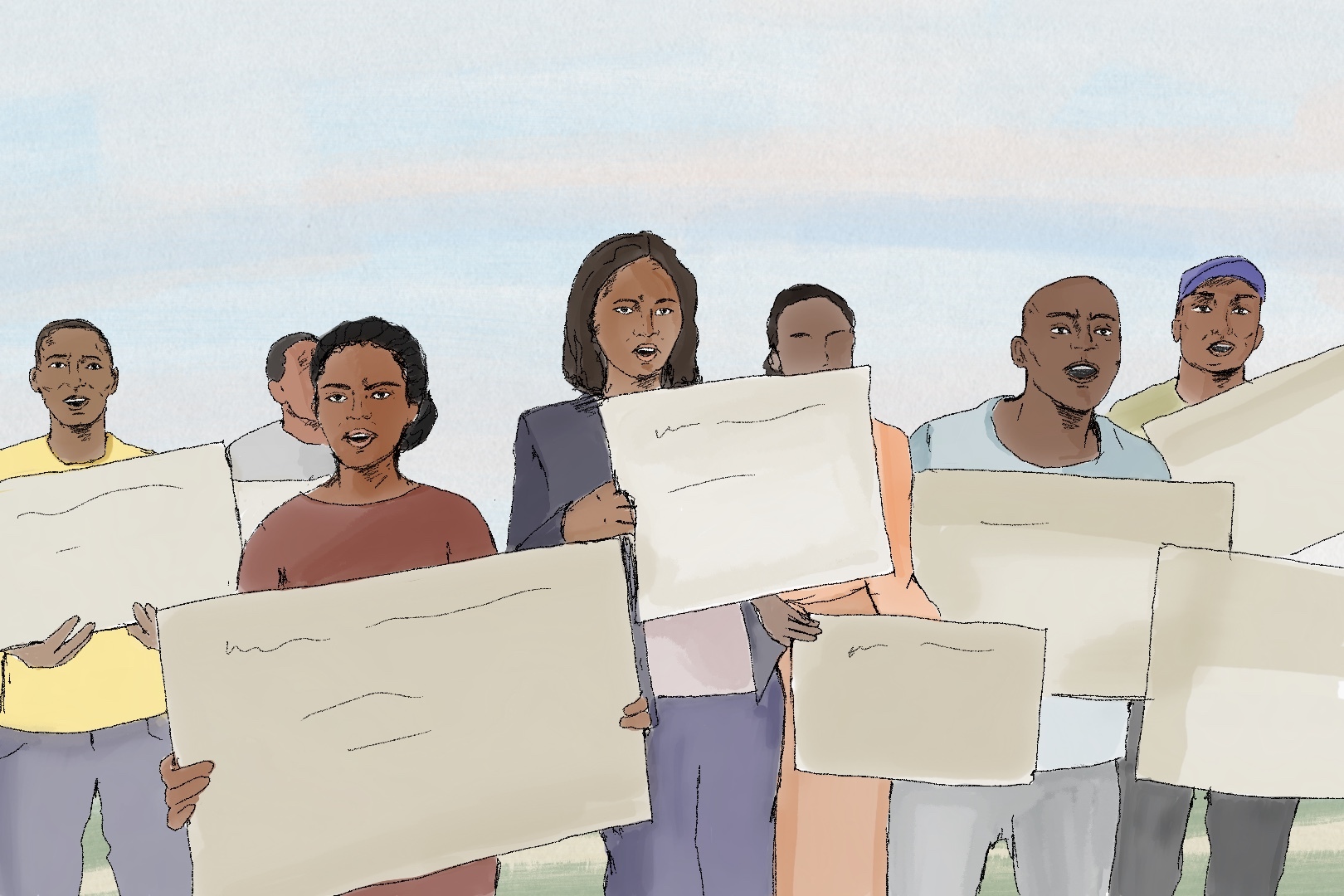 An illustration of people with placards on the side of a road