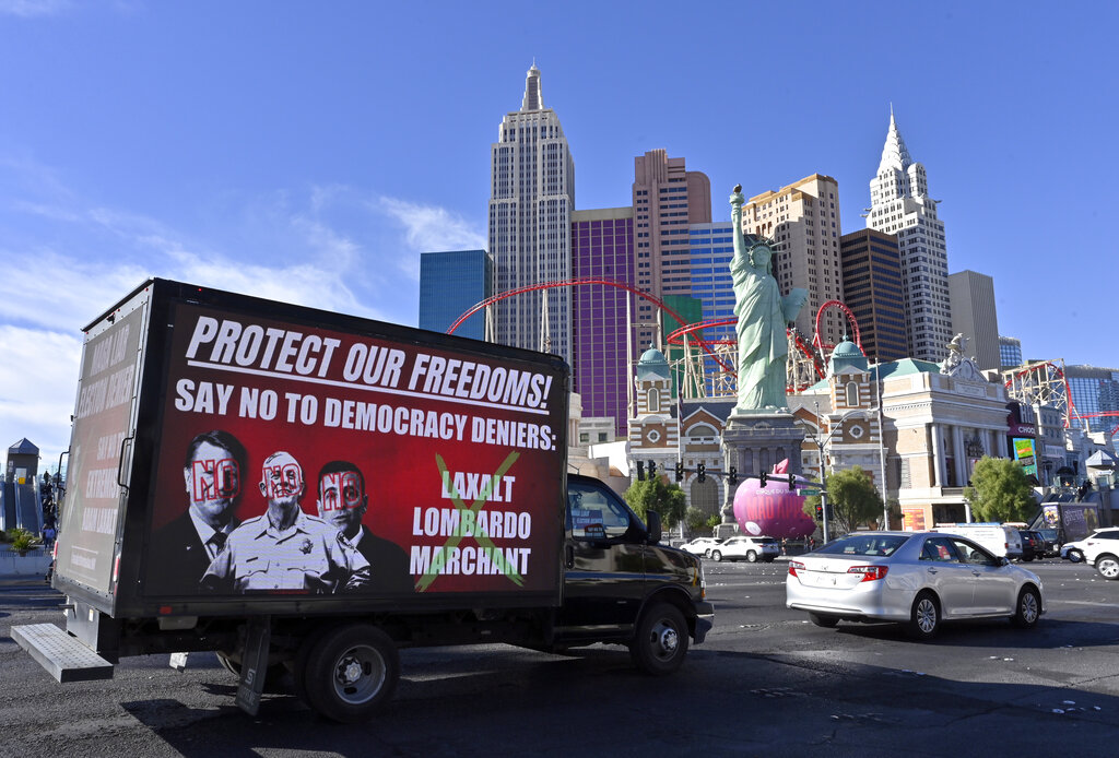 A truck featuring an election ad in Las Vegas