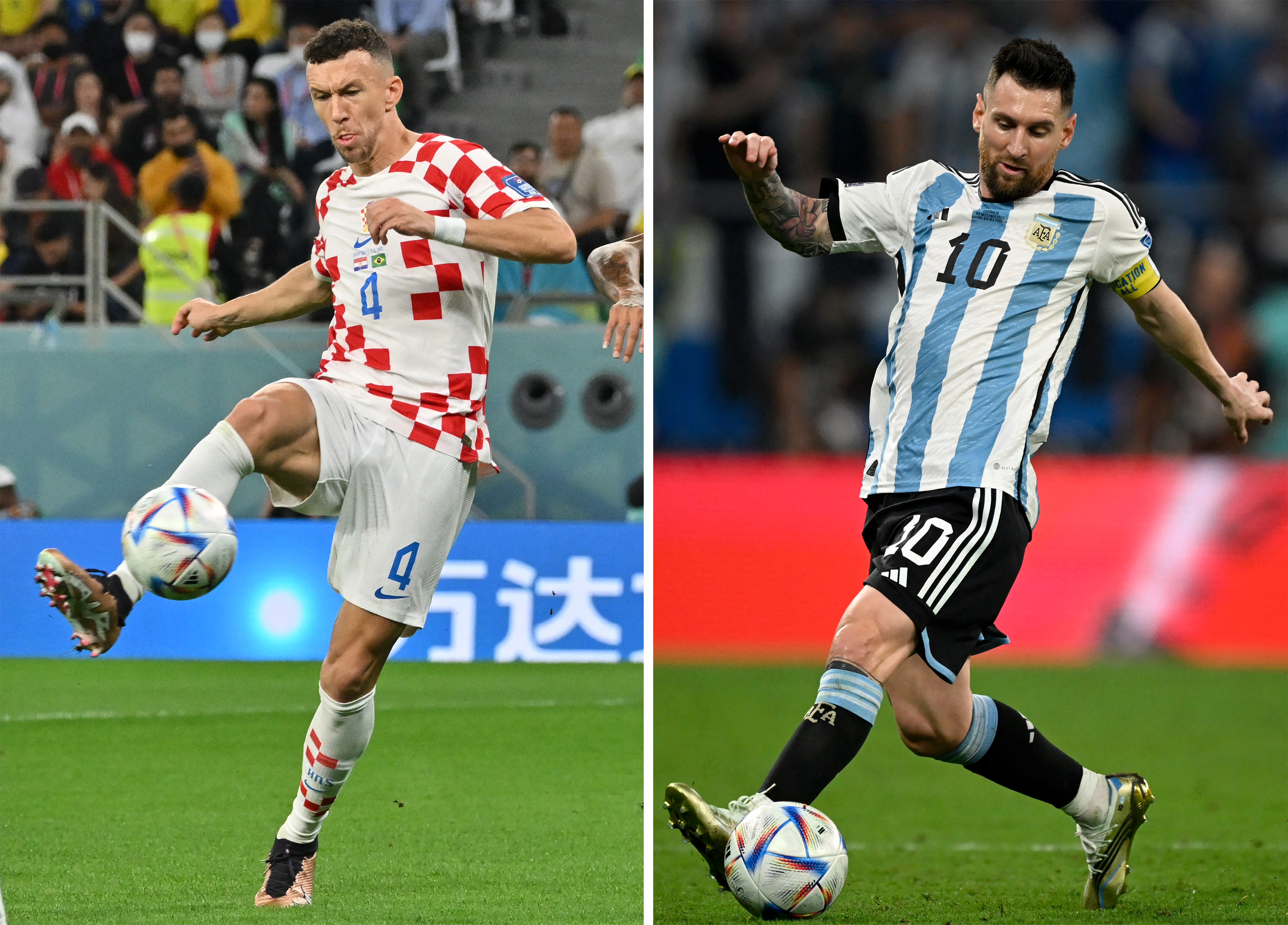 This combination picture made on December 12, 2022 shows Croatia's midfielder Ivan Perisic in Doha, on December 9, 2022 and Argentina's forward Lionel Messi Doha on December 3, 2022 during the Qatar 2022 World Cup.
