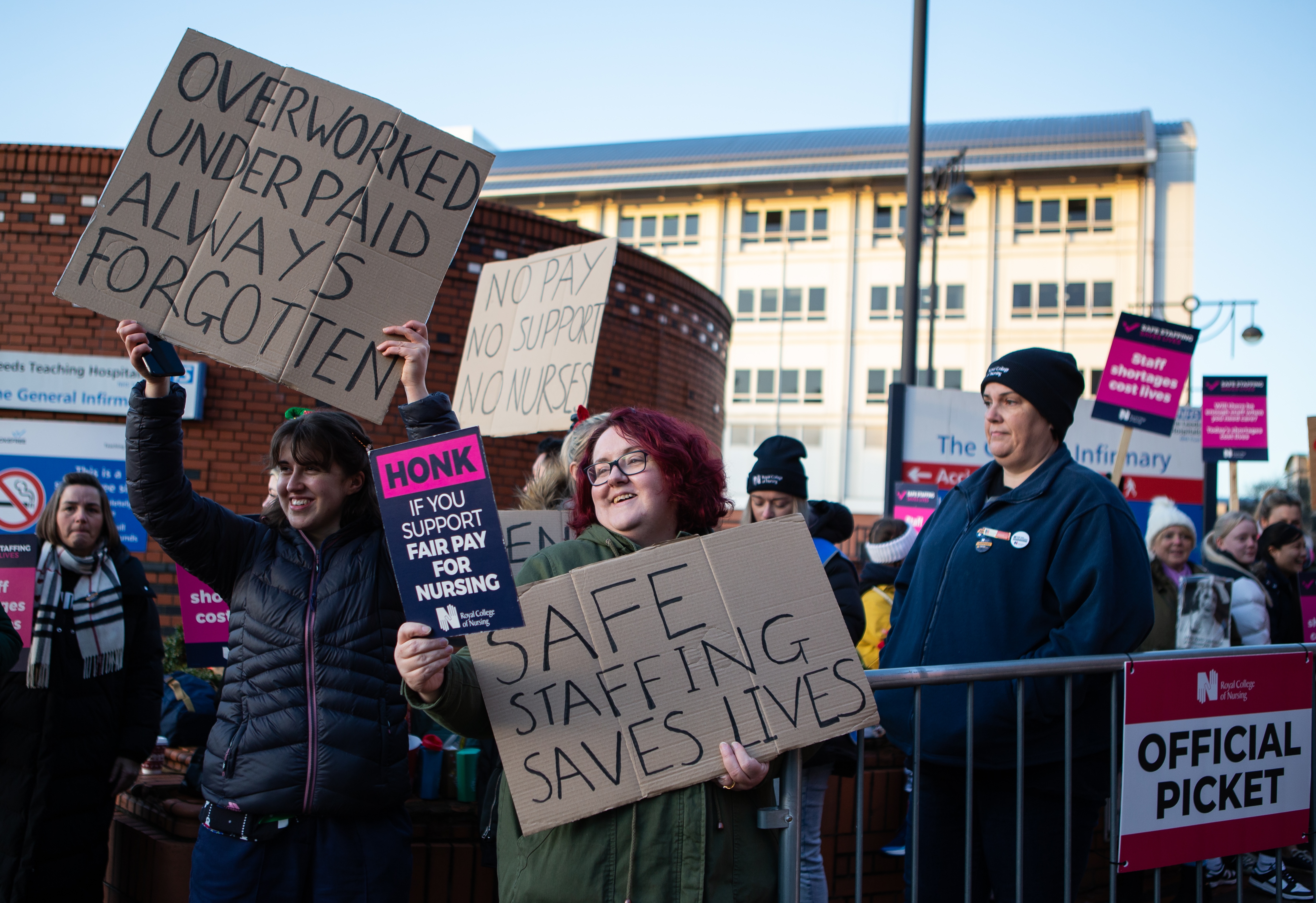 Striking NHS nurses picket outside Leeds General Infirmary in Leeds