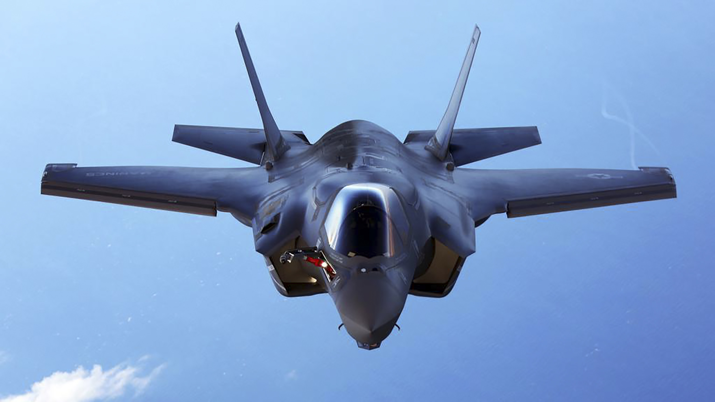 A US Marine Corps F-35B joint strike fighter jet during training over the Atlantic Ocean