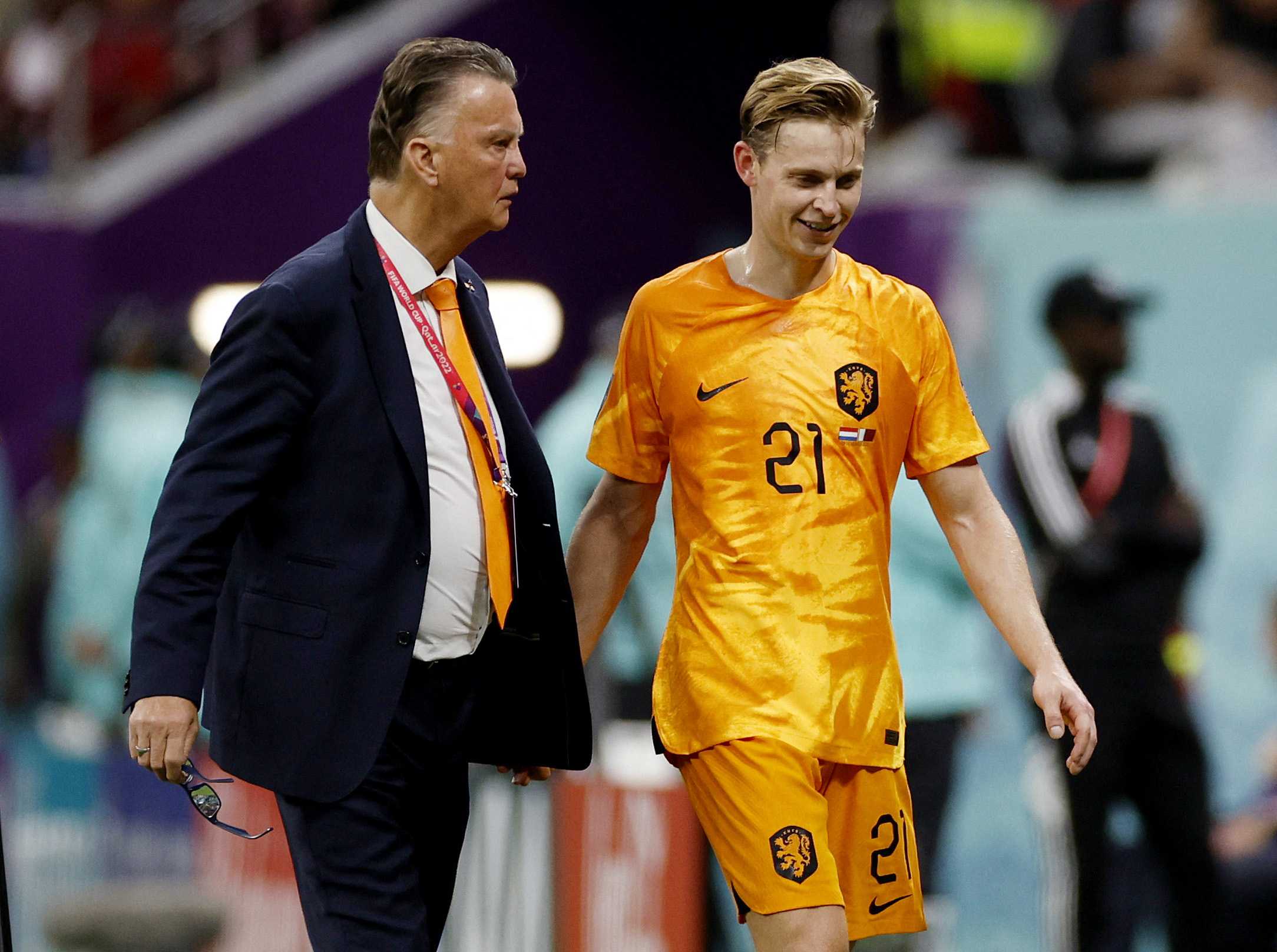 Netherlands' Frenkie de Jong with coach Louis van Gaal after being substituted