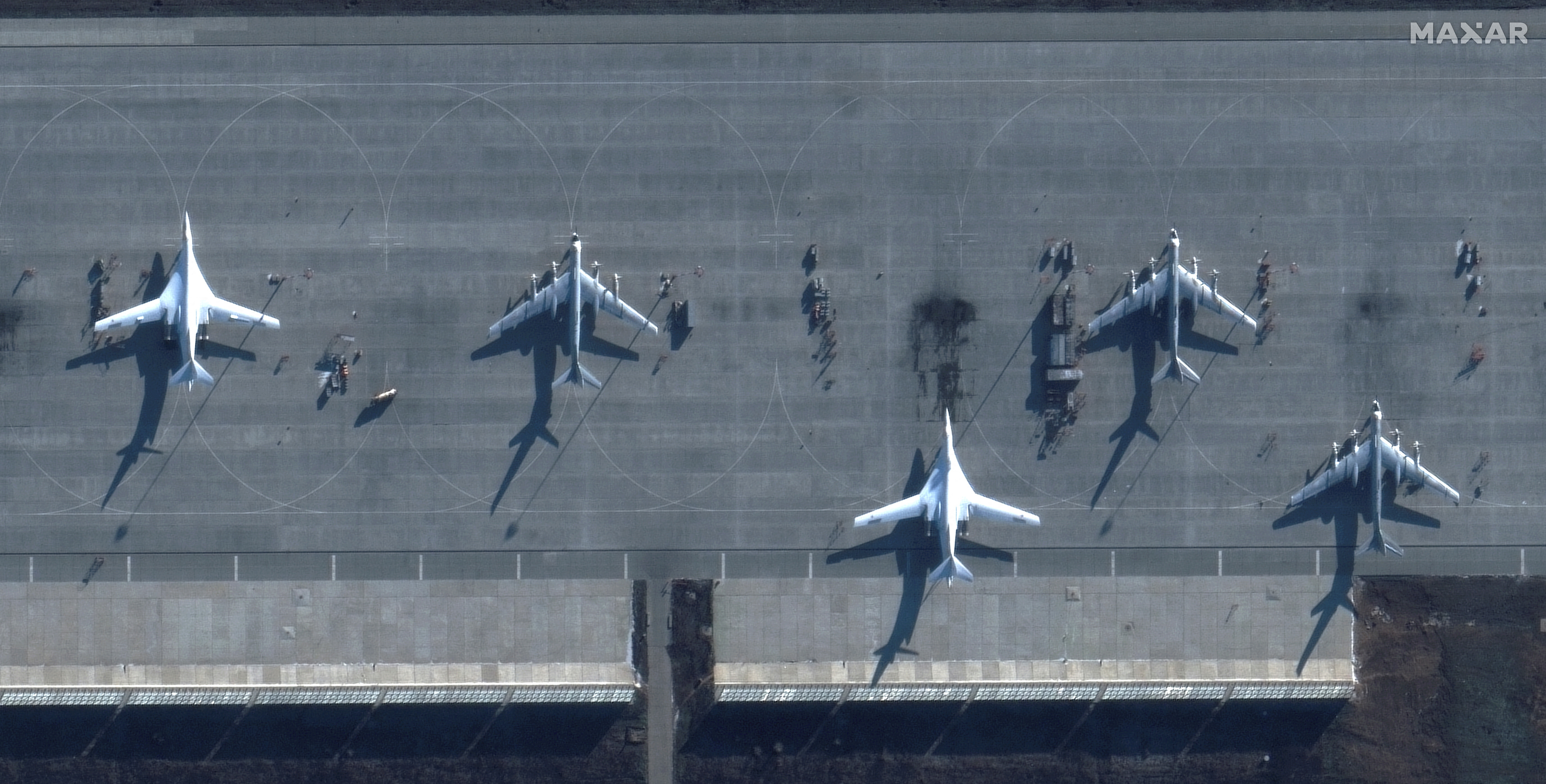 Bombers on the tarmac at the Engels airbase in Russia, seen in a satellite image