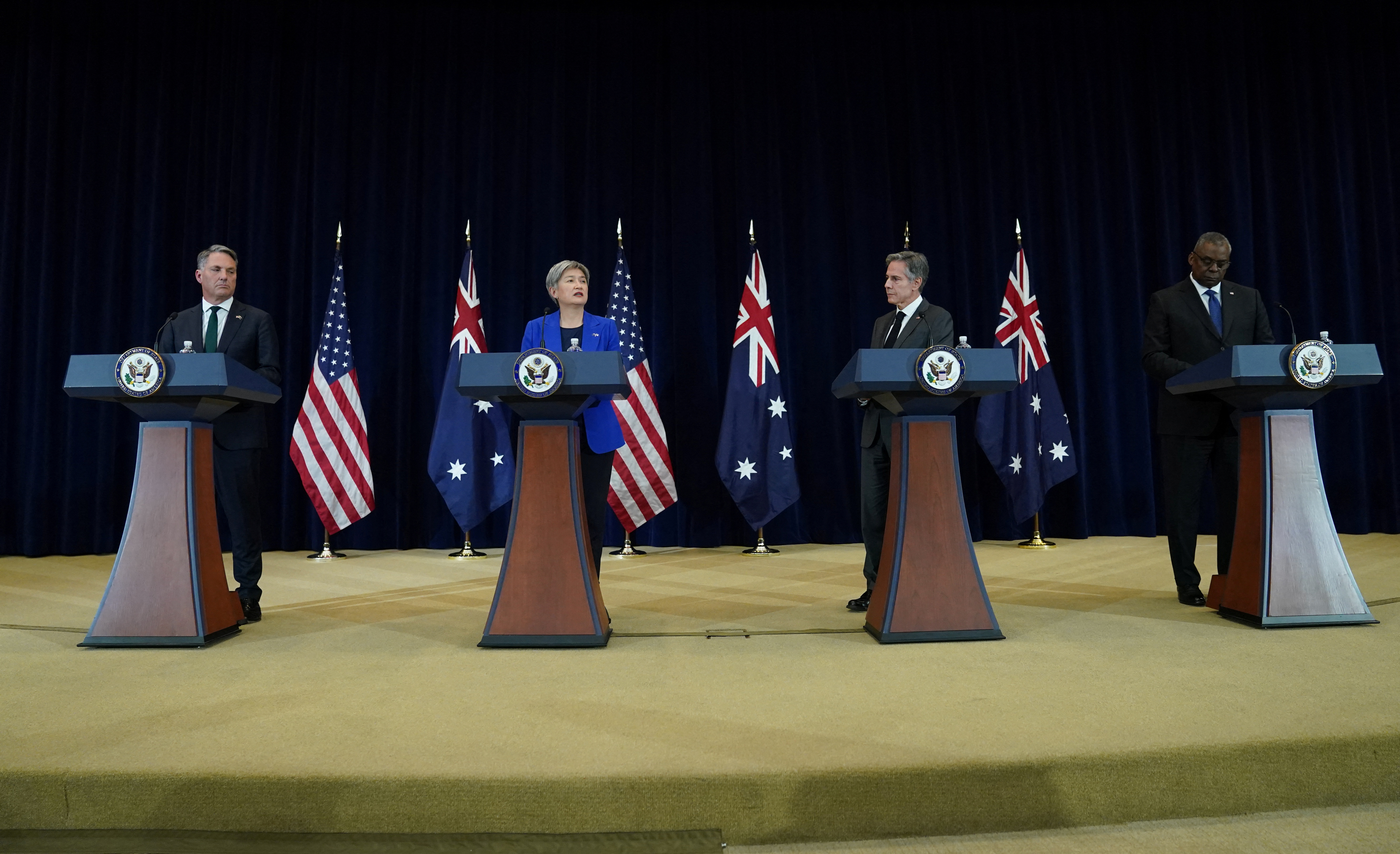 Australian Deputy Prime Minister and Defense Minister Richard Marles, Australian Foreign Minister Penny Wong, US Secretary of State Antony Blinken and US Secretary of Defense Lloyd Austin hold a news conference in Washington, DC.