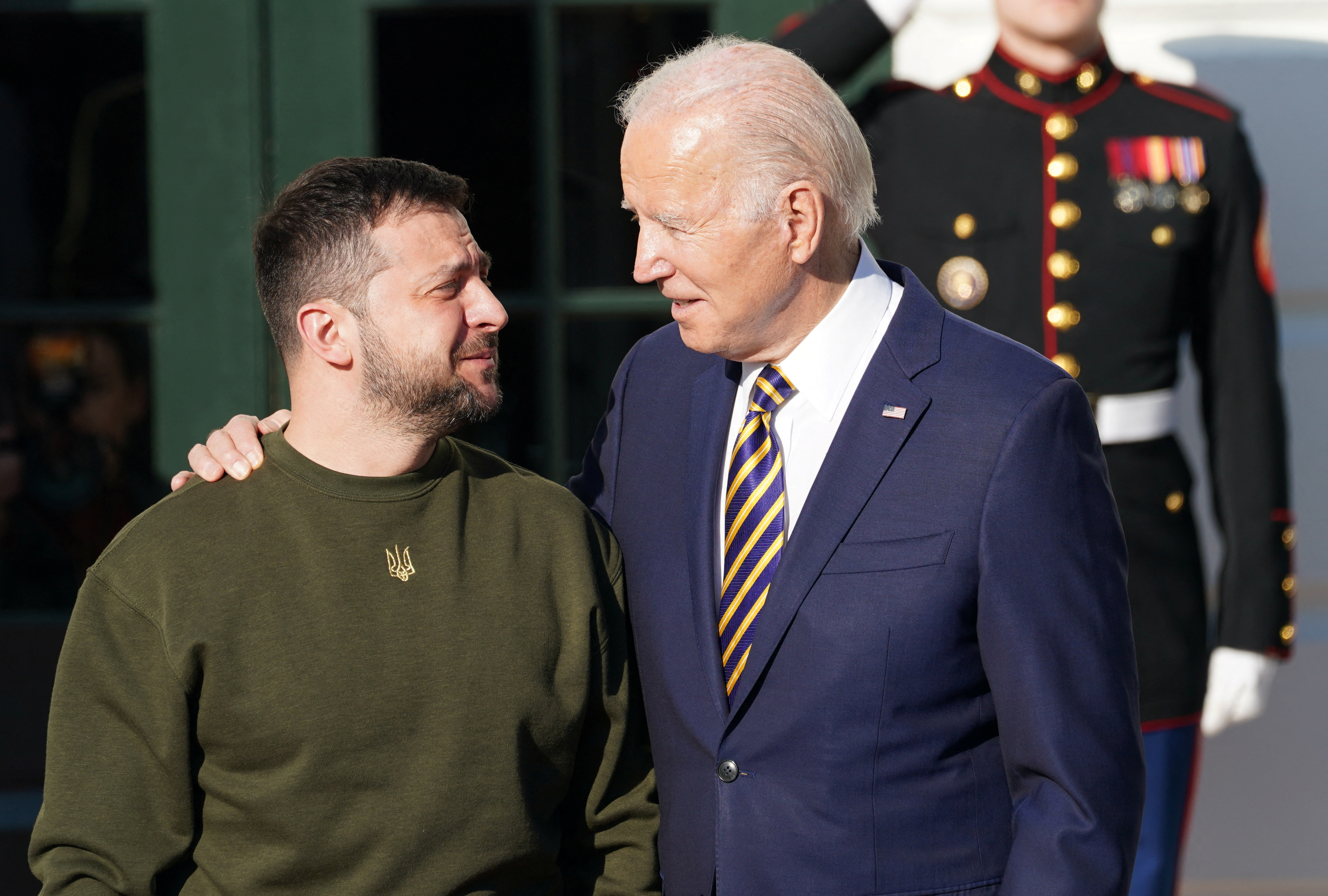 U.S. President Joe Biden welcomes Ukraine's President Volodymyr Zelenskiy on the South Lawn at the White House