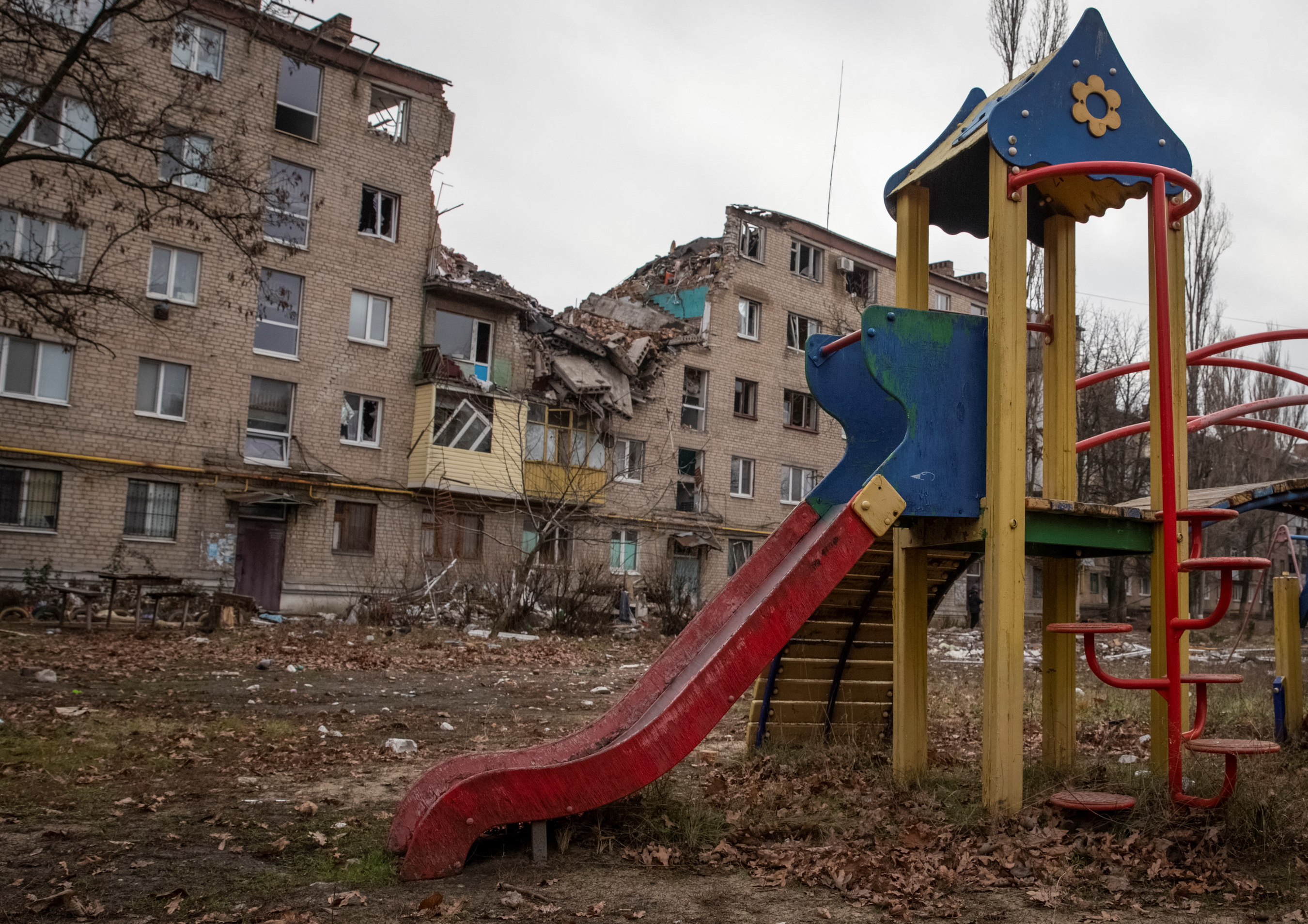 A view shows a residential building damaged by a Russian military strike, amid Russia's attack on Ukraine.