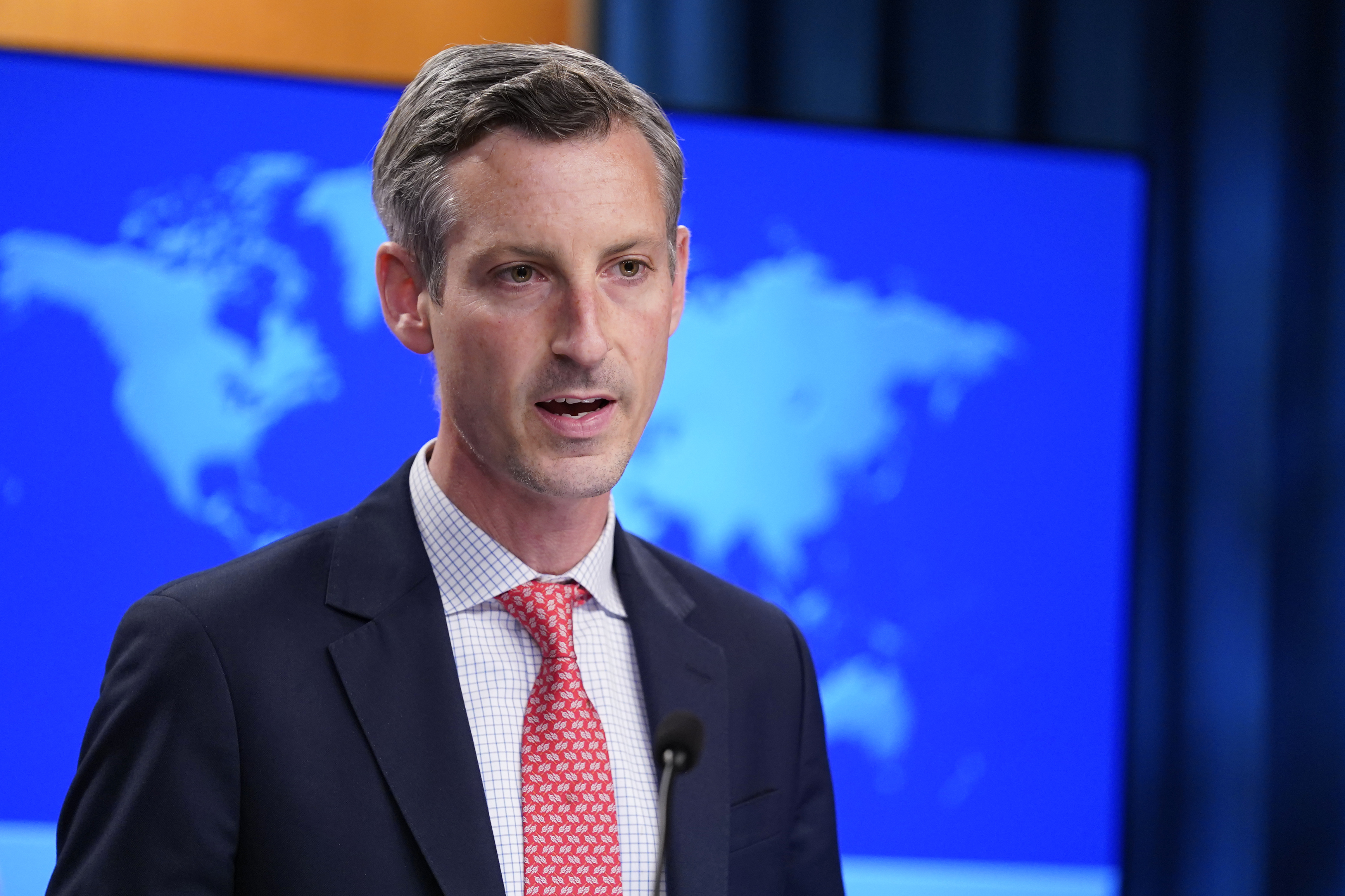 State Department spokesperson Ned Price speaks during a briefing at the State Department in Washington