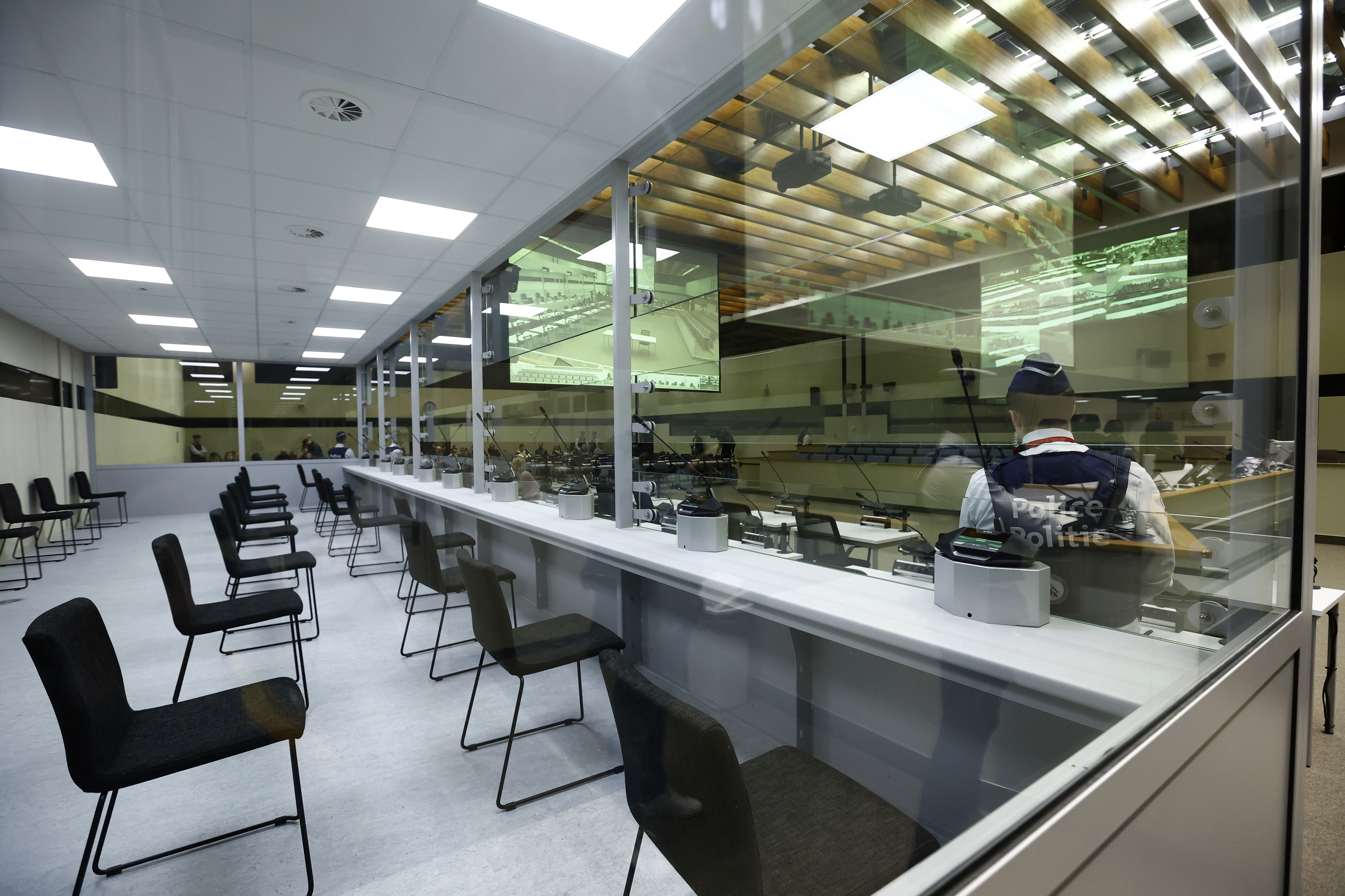 A view of the courtroom prior to the selection of the jury for the 2016 Brussels and Maelbeek attacks trial at the Justitia building in Brussels, Belgium