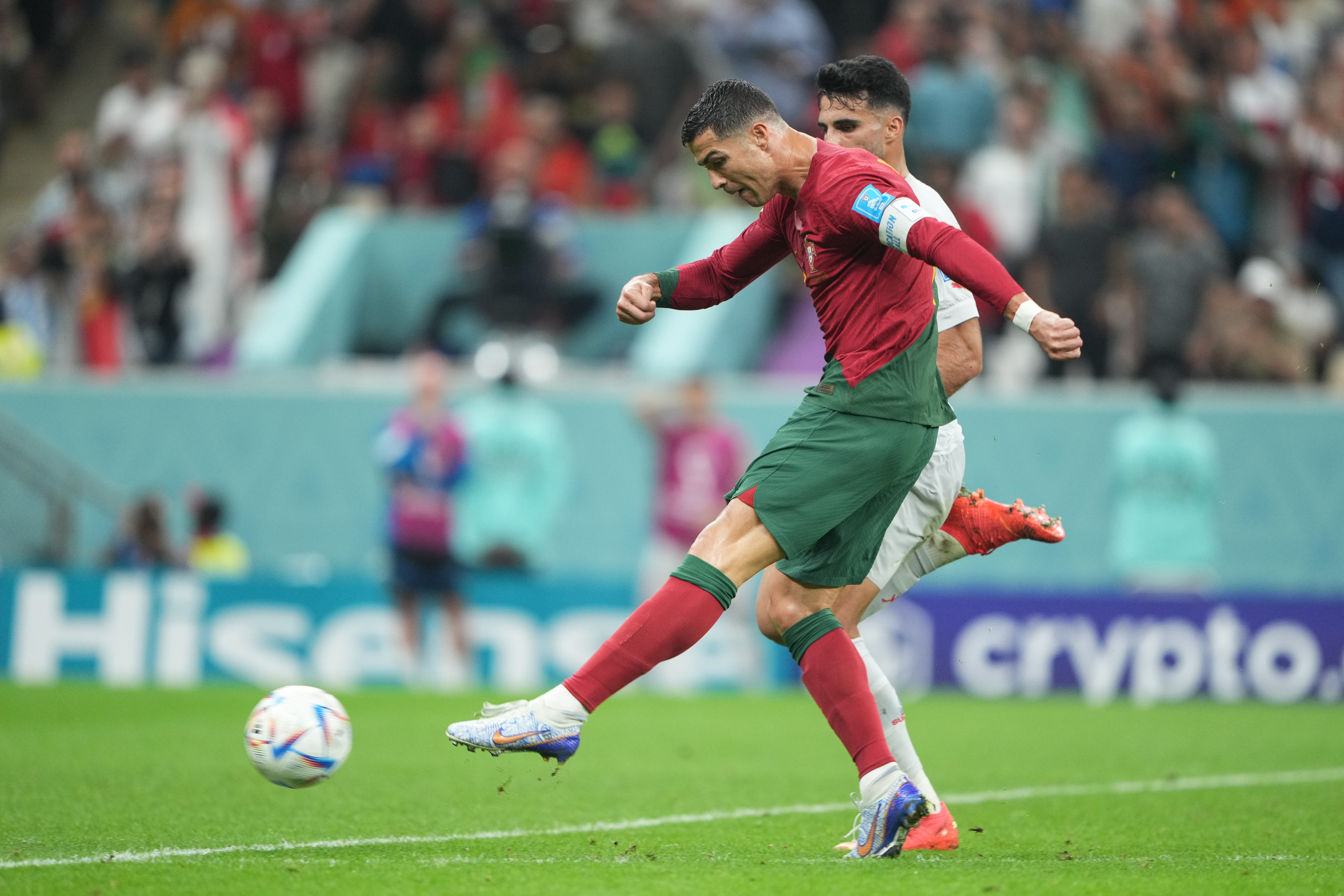 Cristiano Ronaldo puts a powerful shot into the Swiss net, but he was found to be offside and the goal was disallowed.
