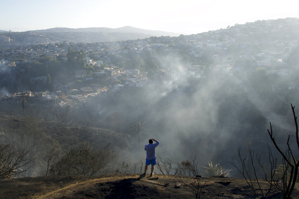 A man surveys the damage of a wildfire from a scorched hilltop