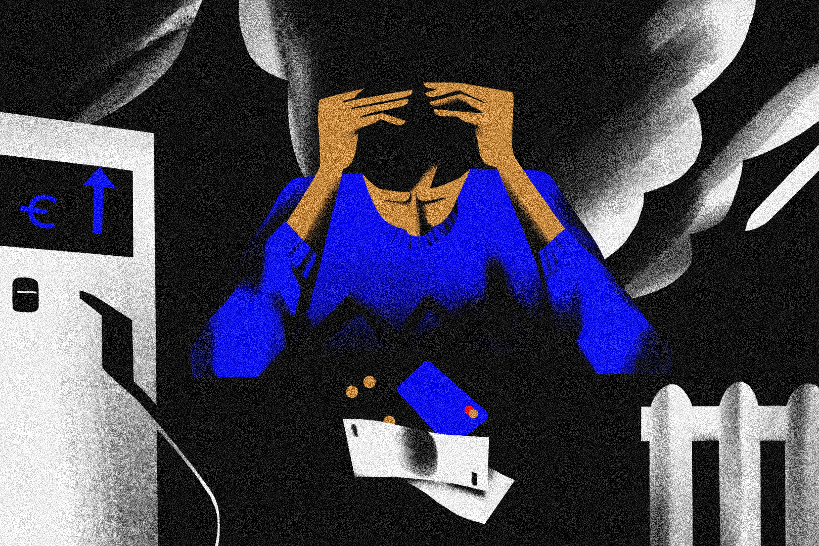 An illustration of a man and a petrol pump