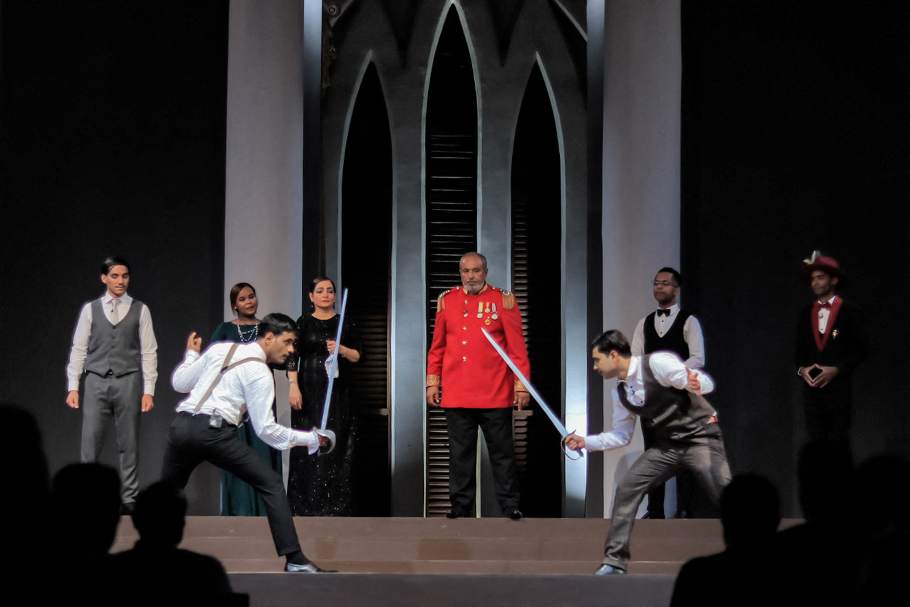 Actors perform in a production of William Shakespeare's Hamlet, in the Yemeni government-controlled southern city of Aden, on January 8, 2023. - In Aden, battered by the still ongoing conflict, the performance of a Shakespeare play has not been seen for many years, and it has resurrected hopes of a cultural revival. Yemen, the poorest country on the Arabian peninsula, has been at war since 2014, after Iran-backed Huthi rebels seized the capital Sanaa, prompting a Saudi-led coalition to intervene the following year. (Photo by Saleh Al-OBEIDI / AFP)