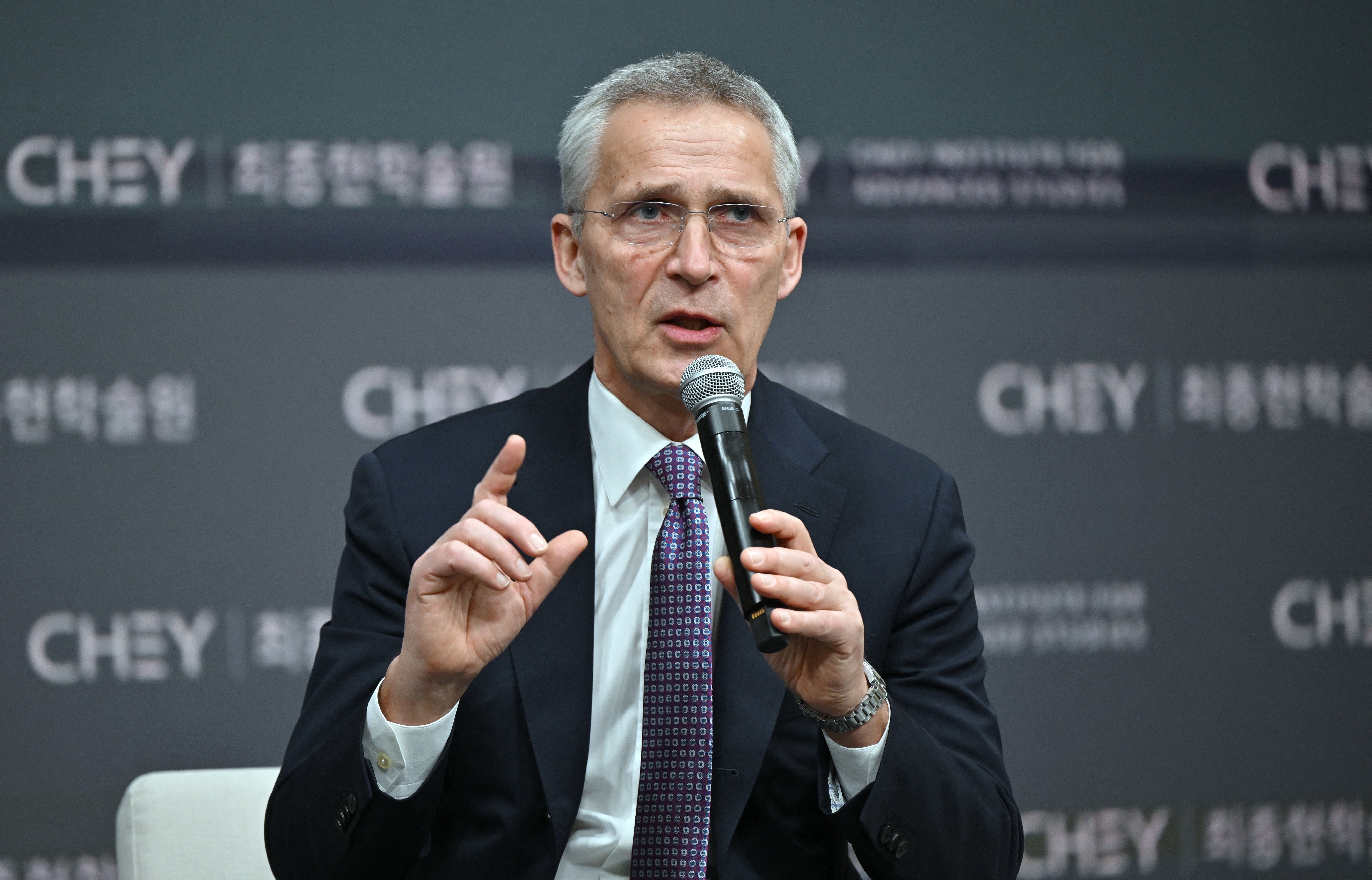 NATO Secretary General Jens Stoltenberg speaks during a conversation at Chey Institute in Seoul, South Korea.