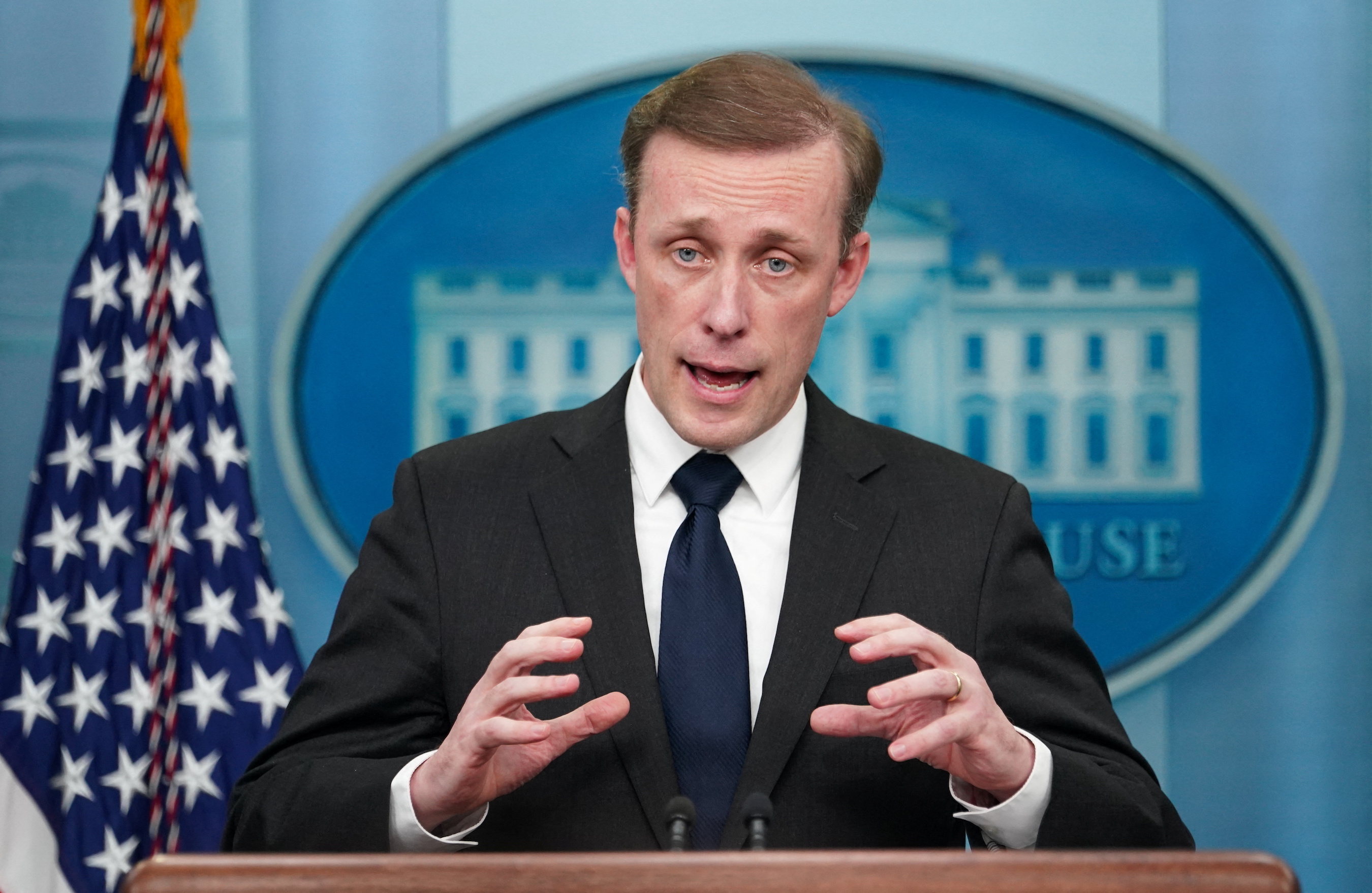 US White House national security adviser Jake Sullivan speaks at a press briefing at the White House.