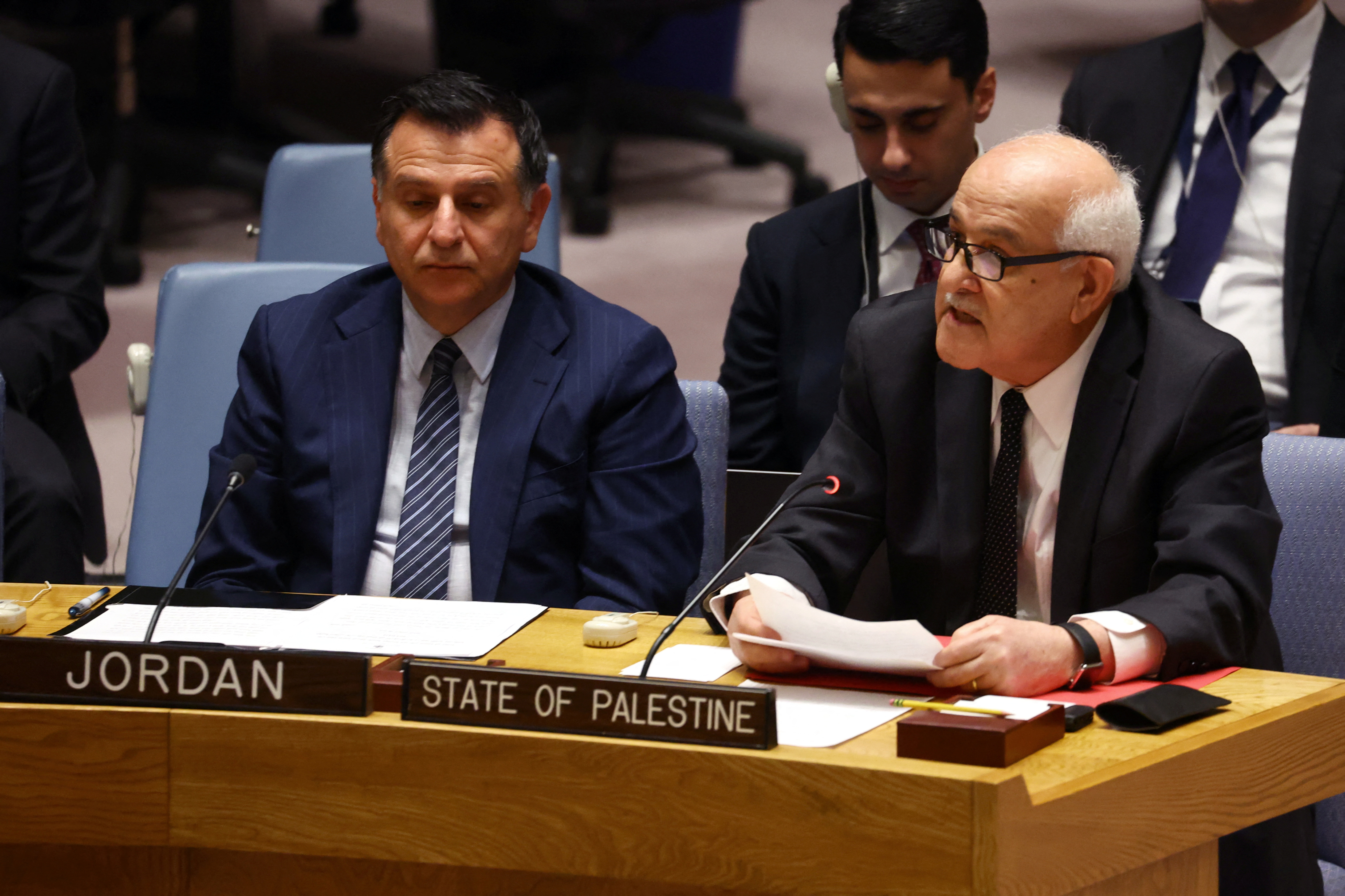 Riyad H. Mansour, Permanent Observer of Palestine to the United Nations, speaks to a meeting of the U.N. Security Council to discuss recent developments at the Al Aqsa mosque compound in Jerusalem, at U.N. headquarters in New York City, New York, U.S., January 5, 2023. REUTERS/Mike Segar