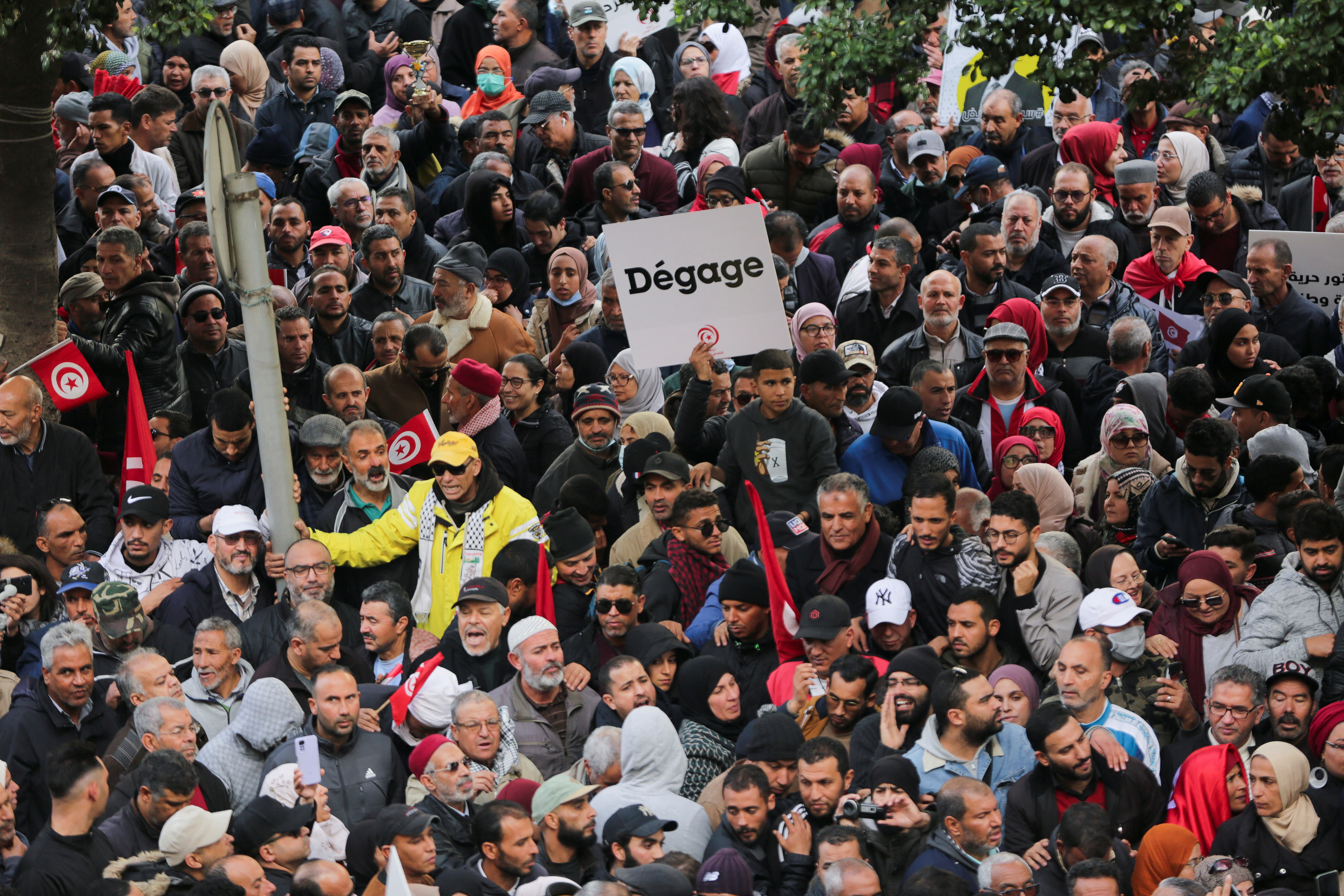 Demonstrators attend a protest against Tunisian President Kais Saied, on the anniversary of the 2011 uprising, in Tunis, Tunisia January 14, 2023