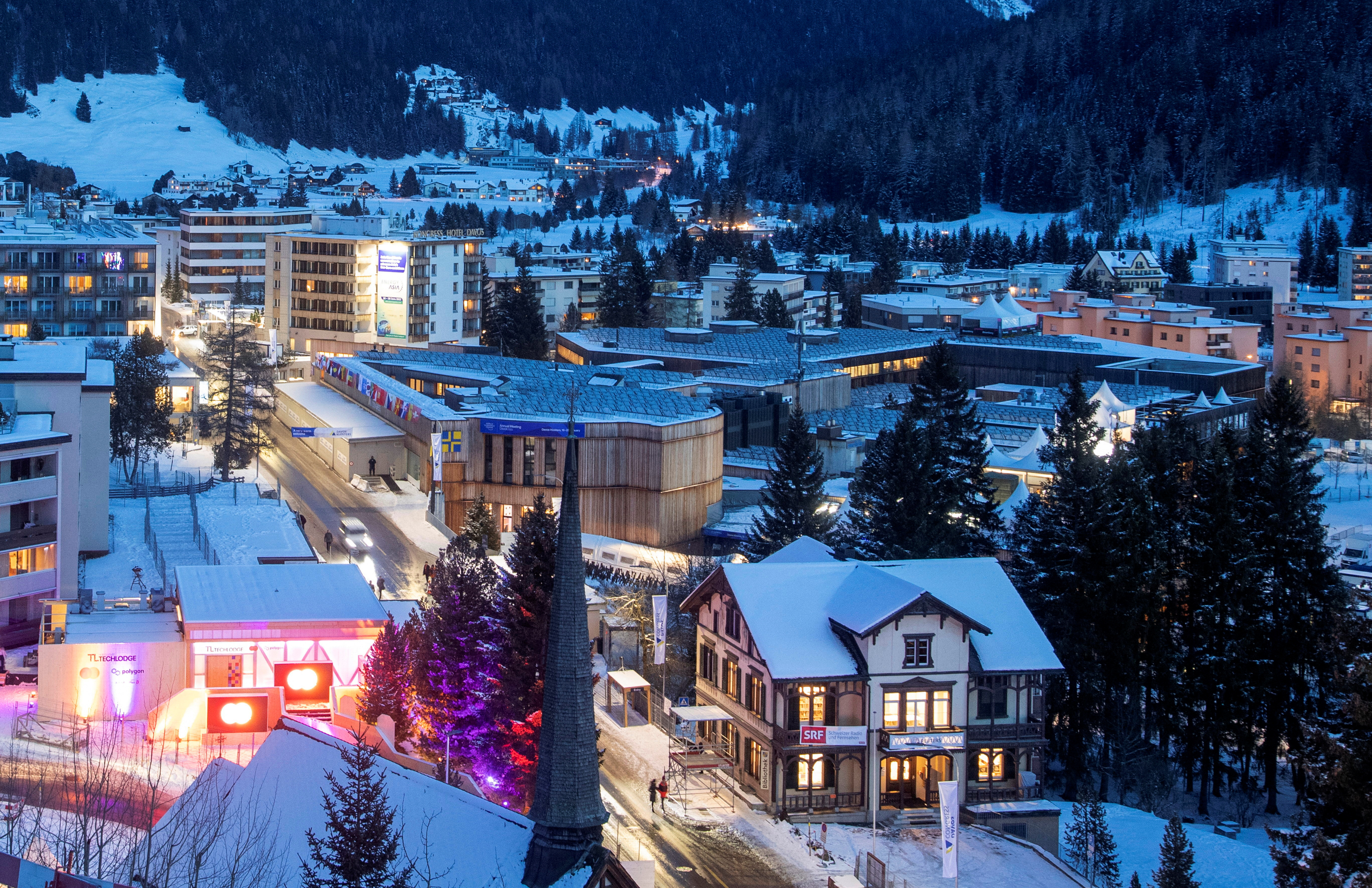 Nighttime skyline of the Davos Congress Centre, the venue of the World Economic Forum (WEF) 2023, in the Alpine resort of Davos, Switzerland.