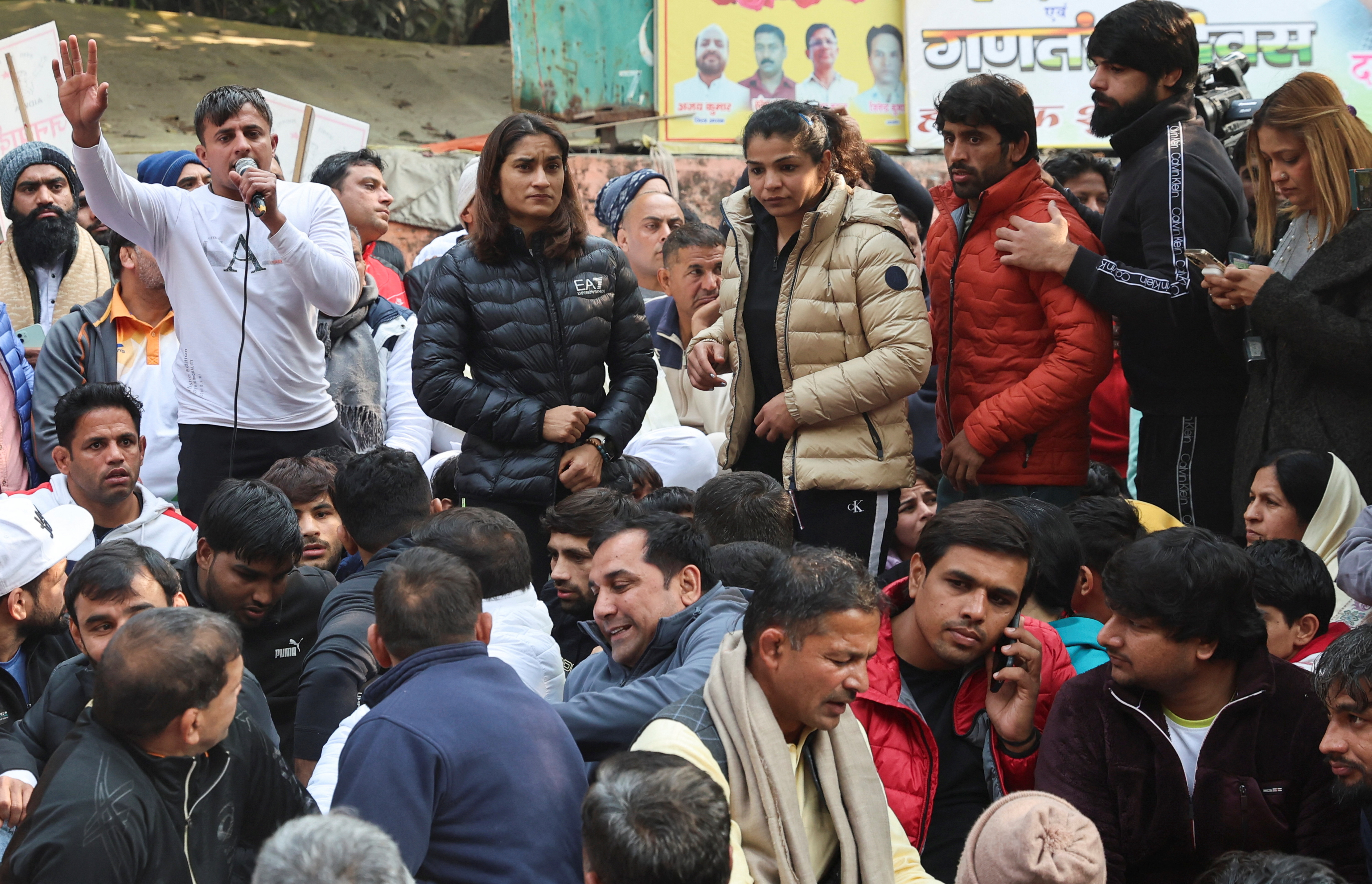 Vinesh Phogat, Sakshi Malik, Bajrang Punia and other Indian wrestlers take part in a protest demanding the disbandment of the WFI