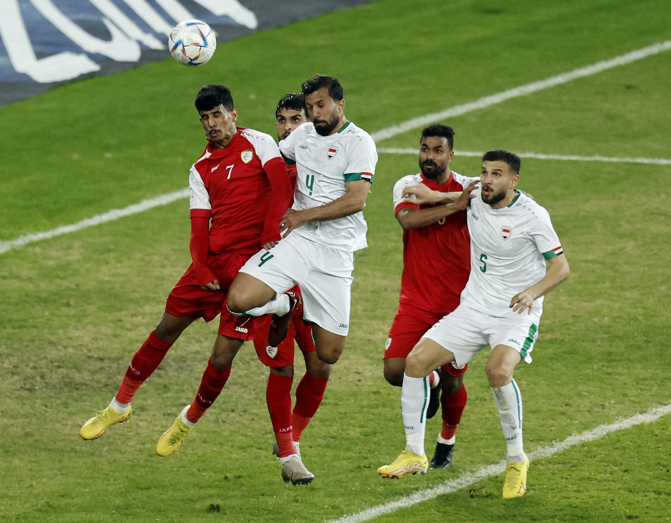 Soccer Football - Arabian Gulf Cup25 - Final - Iraq v Oman - Basra International Stadium, Basra, Iraq - January 19, 2023 Iraq's Mustafa Nadhim in action with Oman's Issam Al Sabhi REUTERS/Thaier Al-Sudani
