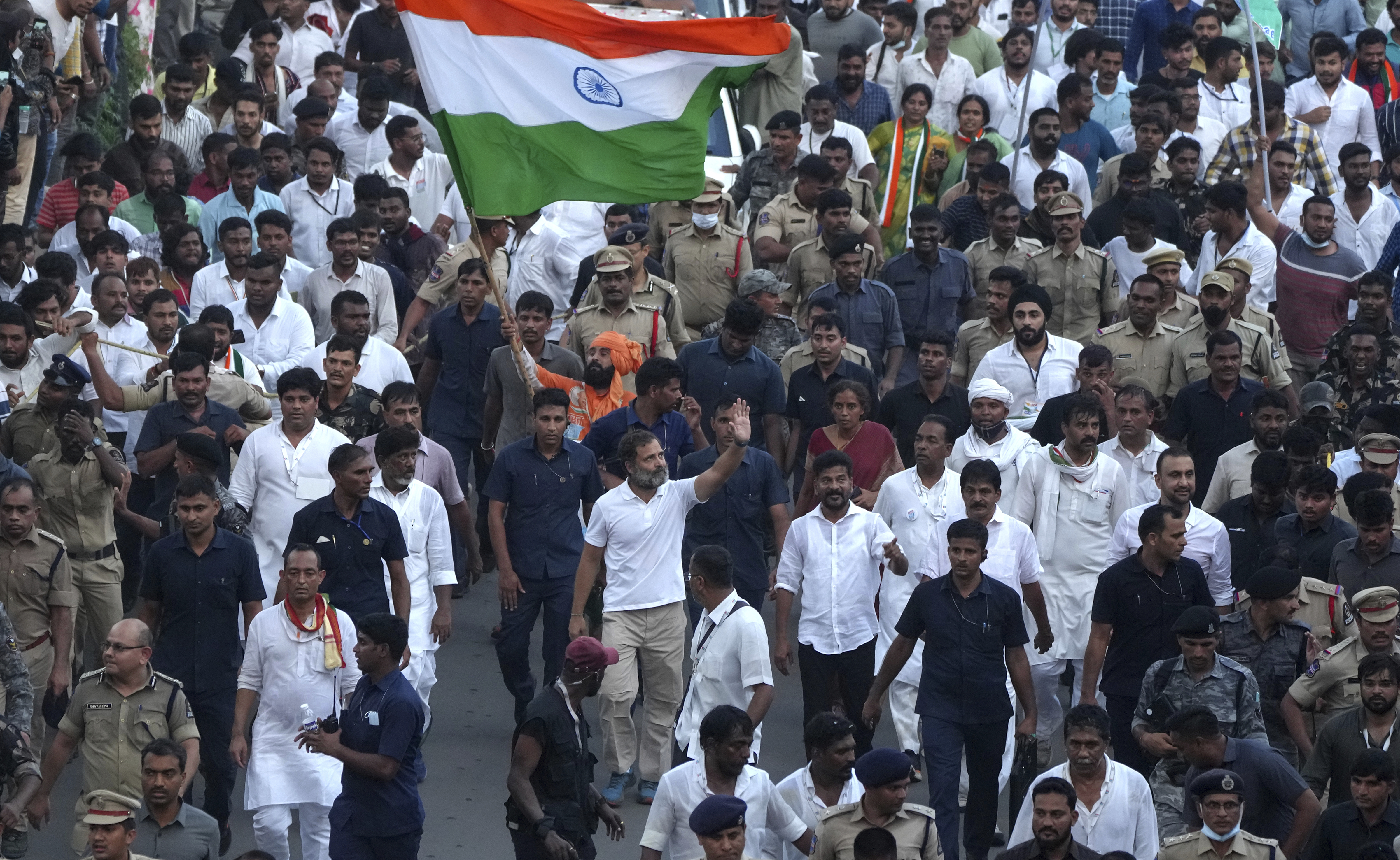 Congress party leader Rahul Gandhi, with other leaders during his months long Bharat Jodo Yatra in Hyderabad, India